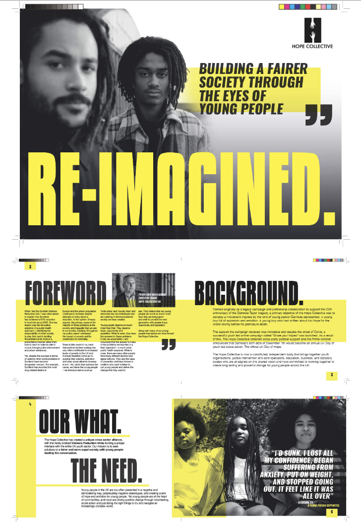 A black and white promotional poster featuring two young men with dreadlocks and a questioning expression. The poster's text emphasizes building a fairer society and re-imagining future possibilities. Bright yellow and black text highlights key messa
