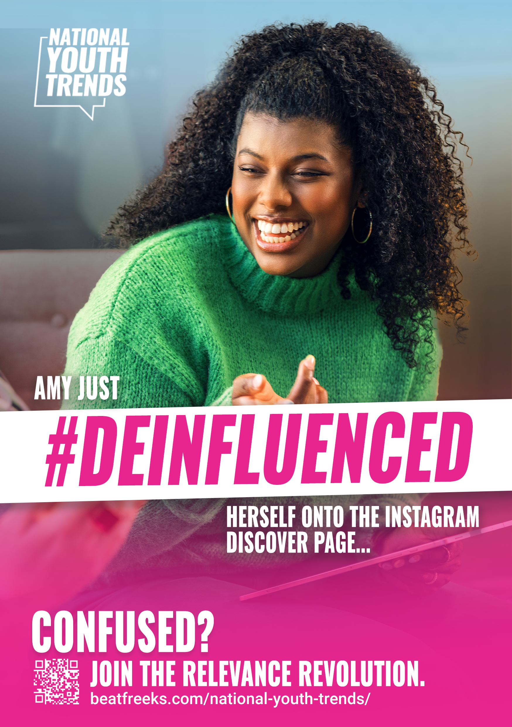 A smiling young woman with curly hair wearing a green sweater, engaged in conversation, with text promoting National Youth Trends and Relevance Revolution on the image.
