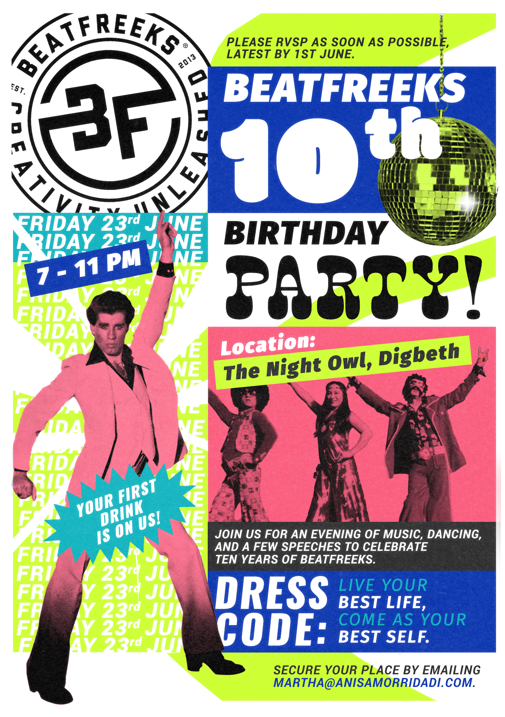 Colorful flyer for a birthday party celebrating ten years of Beatfreeks, with details about date, time, location, dress code, and RSVP. Features a disco ball, woman in pink blazer, and images of diverse people dancing.