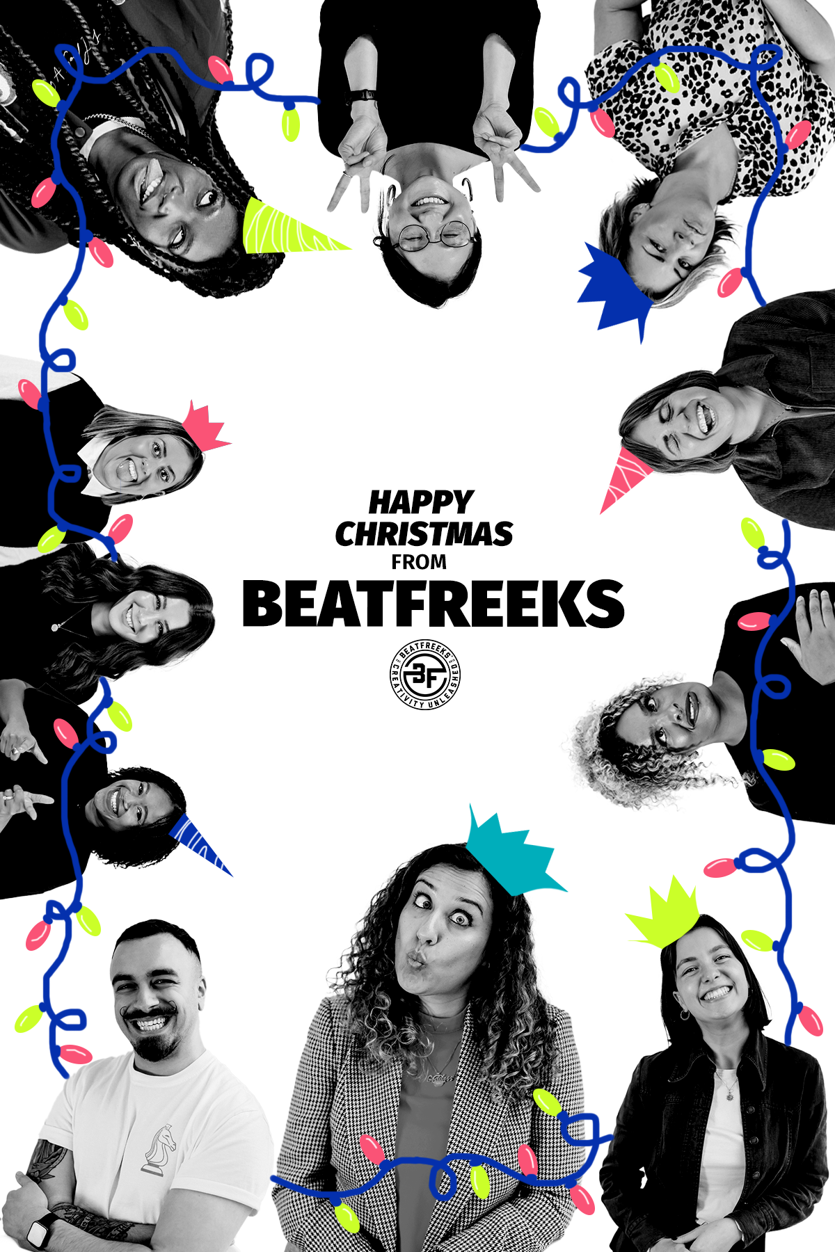 A festive holiday greeting card featuring black-and-white photos of smiling people wearing party hats, surrounded by colorful string lights and holiday-themed illustrations, with the text "Happy Christmas from Beatreaks" in the center.