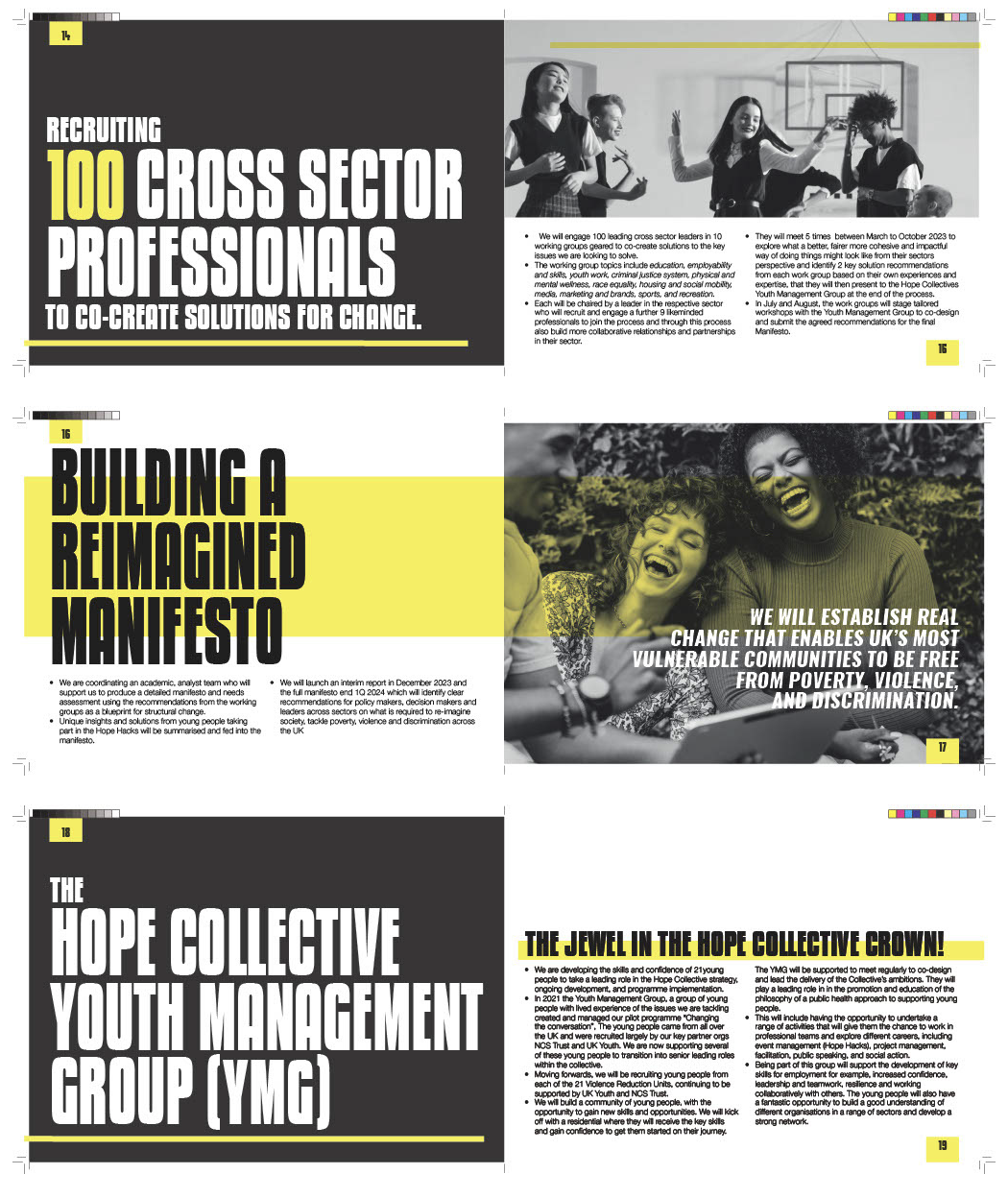 Pages from a magazine or brochure featuring black and white and colored photographs of diverse young people, headlines, and text about building a reimagined manifesto, youth management group, and hope collective youth management group.