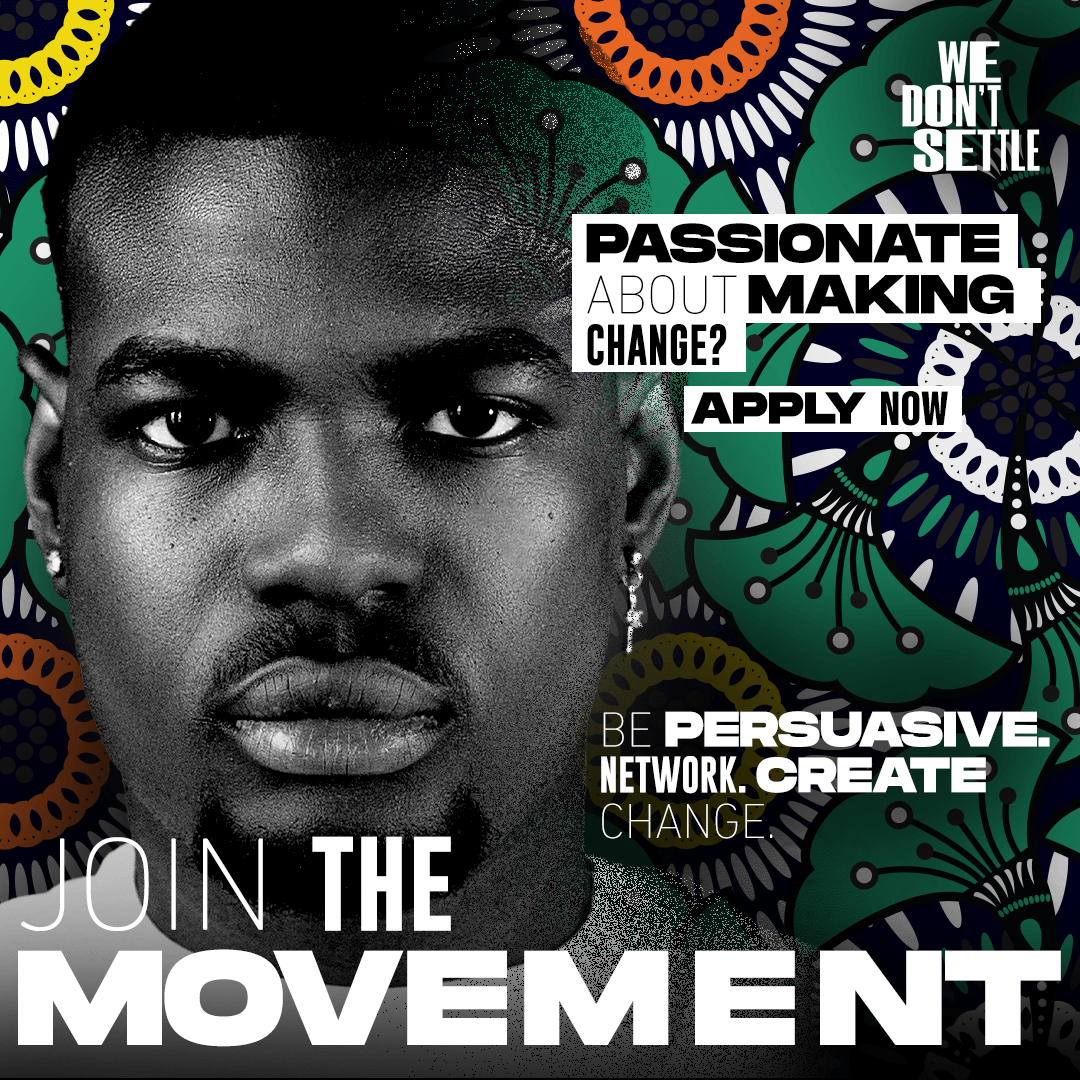 A black-and-white photo of a young man with earrings against a colorful background, alongside promotional text encouraging people to join a movement for change, social activism, and applying for opportunities.