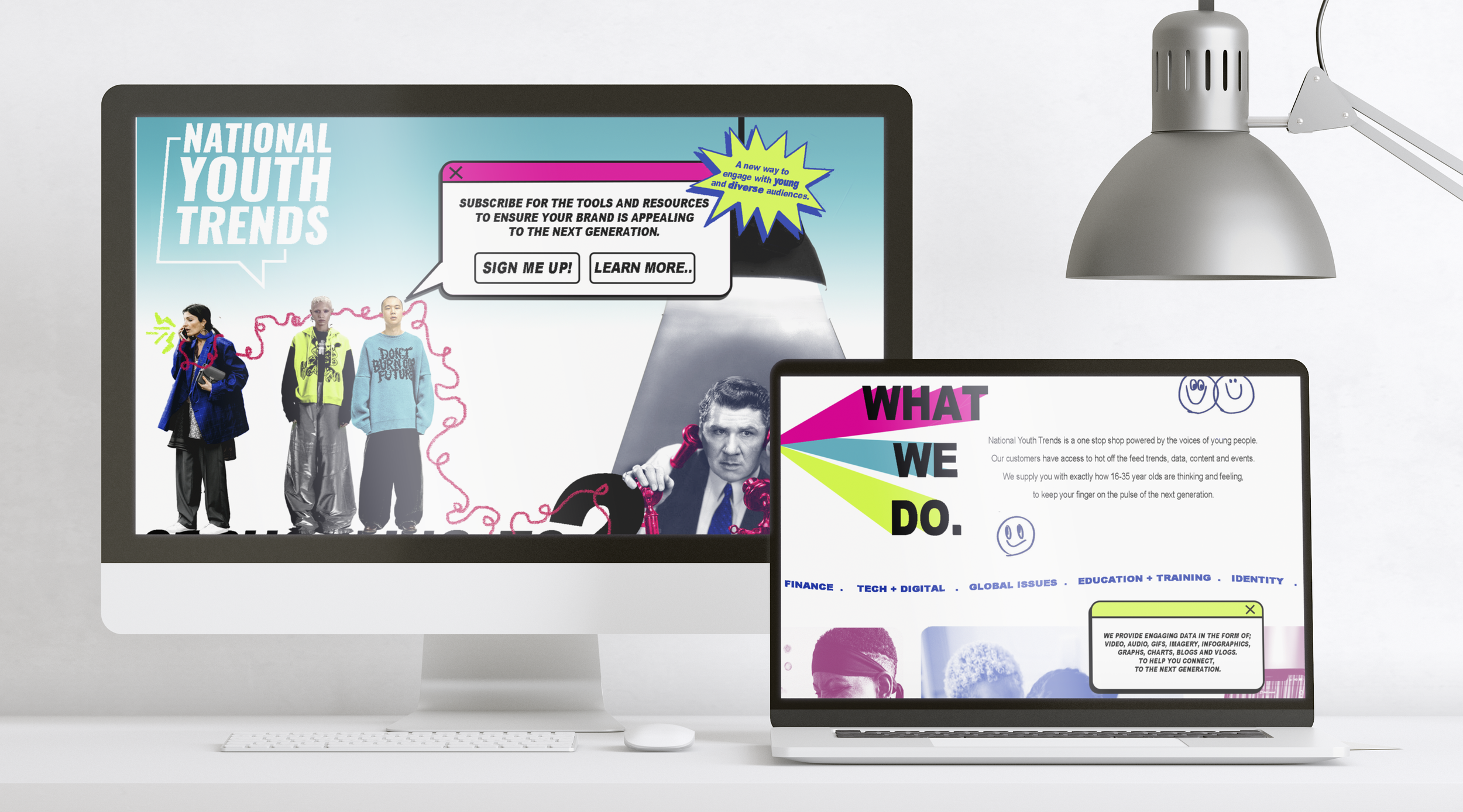 Two computer screens on a white desk displaying digital content related to youth trends, with a gray desk lamp overhead. The larger screen shows fashion models and website pop-up messaging, while the smaller screen features colorful text and infograp