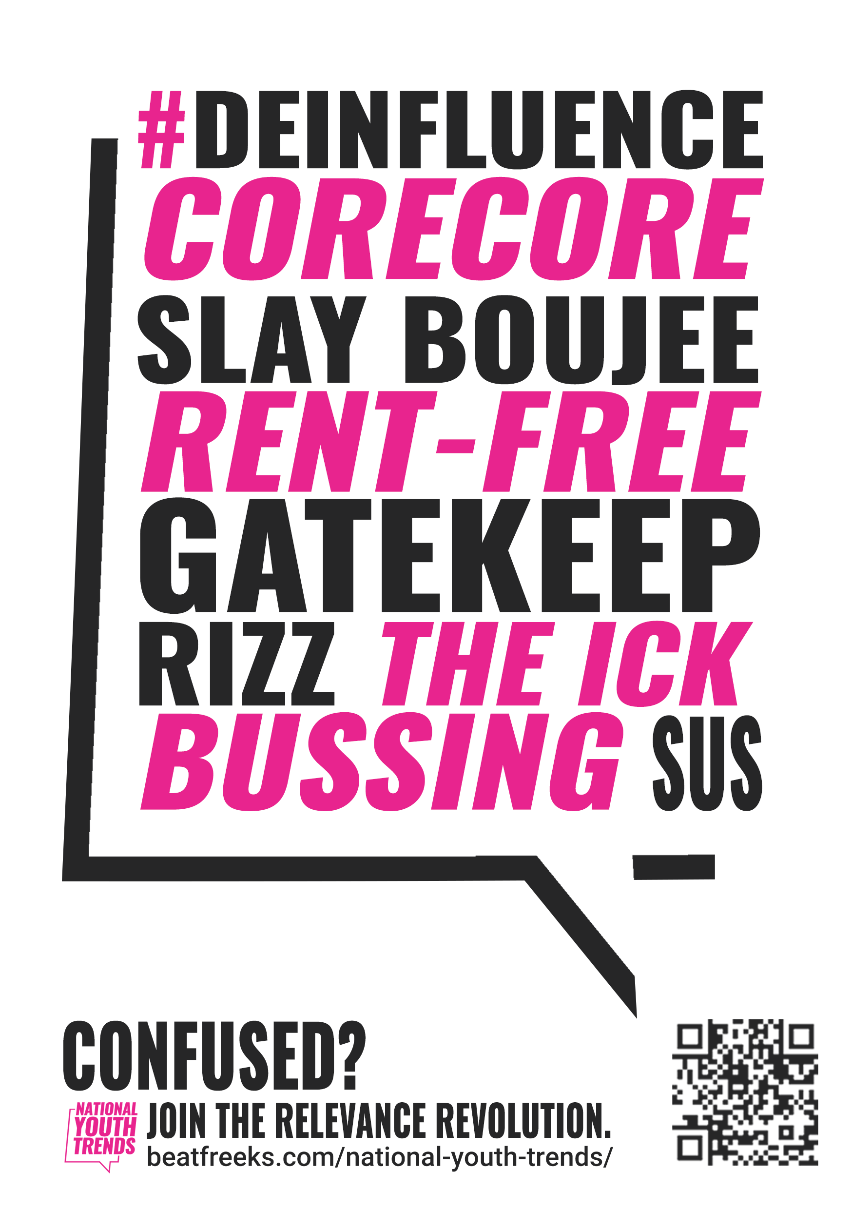 An image with the text: #DEFLUENCE CORECORE SLAY BOUJEE RENT-FREE GATEKEEP RIZZ THE ICK BUSSING SUS. The text is in black and pink, with some parts of the text highlighted and others in plain style, all in capital letters. There is a QR code in the b