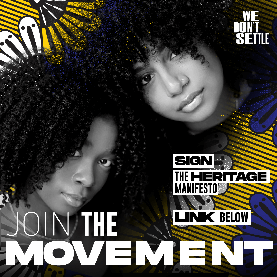 Black and white photo of two women with curly hair, with colorful butterfly illustrations and bold text encouraging participation in a movement for heritage and cultural expression.