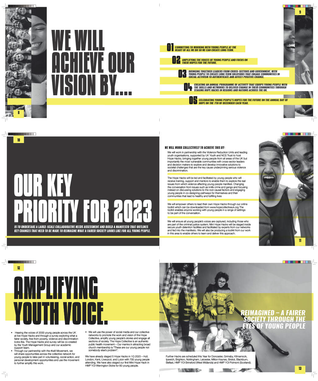 A multi-page report or presentation with text, images, and graphics focused on youth empowerment and social justice, featuring headlines like 'We Will Achieve Our Vision By...', 'Our Key Priority for 2023', and 'Amplifying Youth Voice'. It includes p