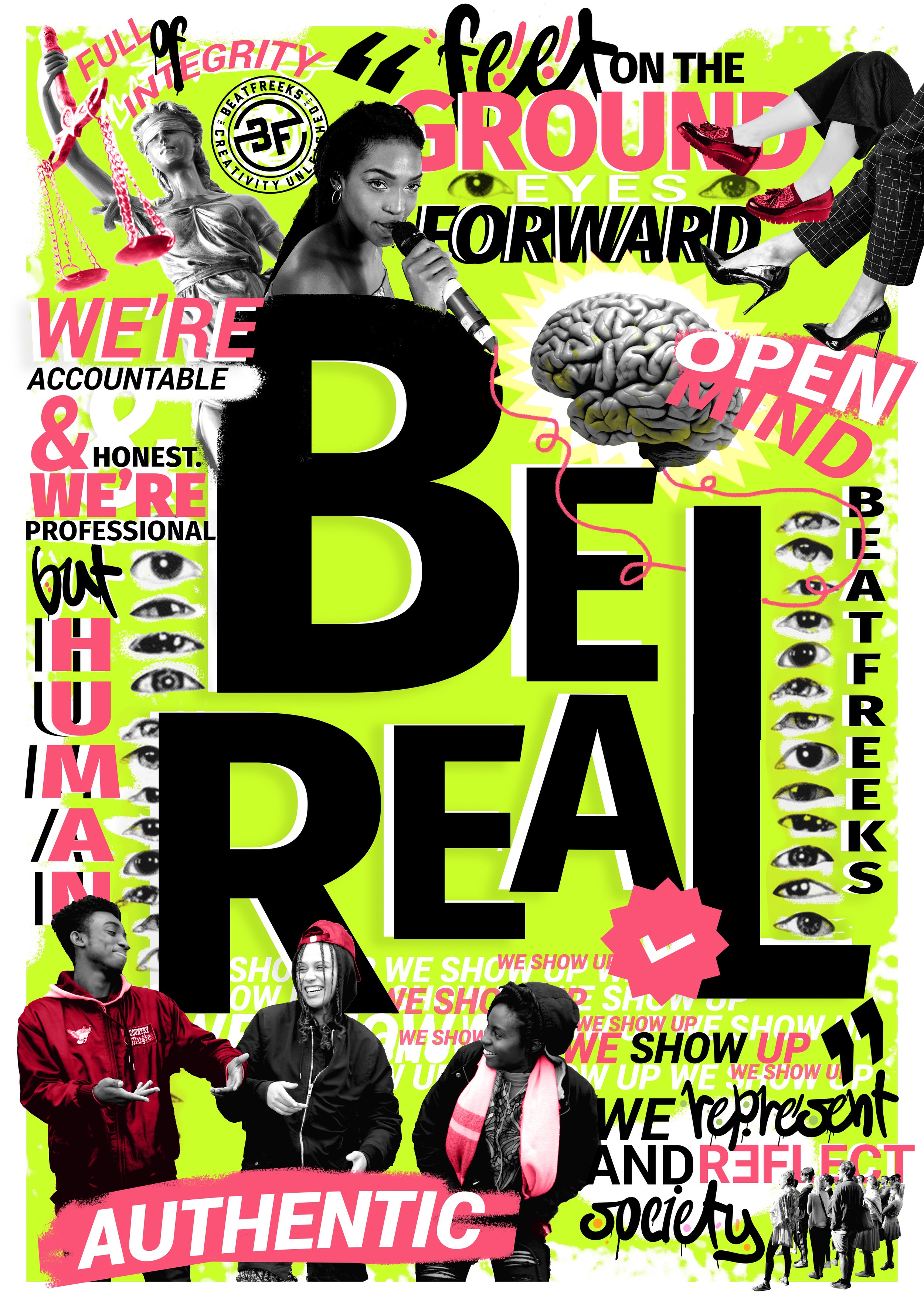 A vibrant collage with people and bold text emphasizing themes of authenticity, integrity, society, and self-reflection. The background is bright green with pink and black accents, featuring images of diverse young adults and symbolic elements like a