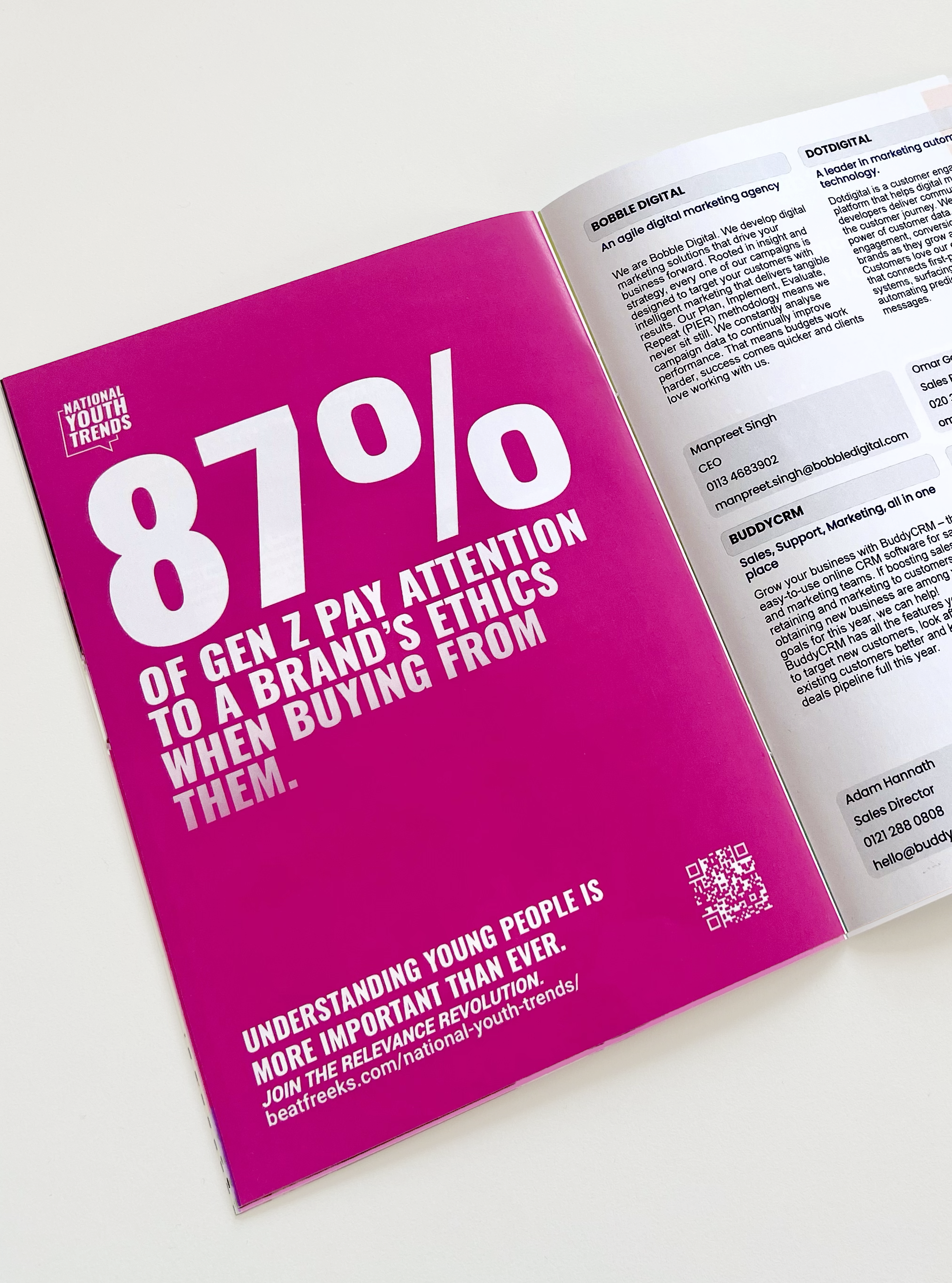 A pink brochure with white text and a QR code. The main headline reads '81%,' and the subtitle discusses Generation Z paying attention to brand ethics when buying from them. There are smaller sections with additional information and contact details f
