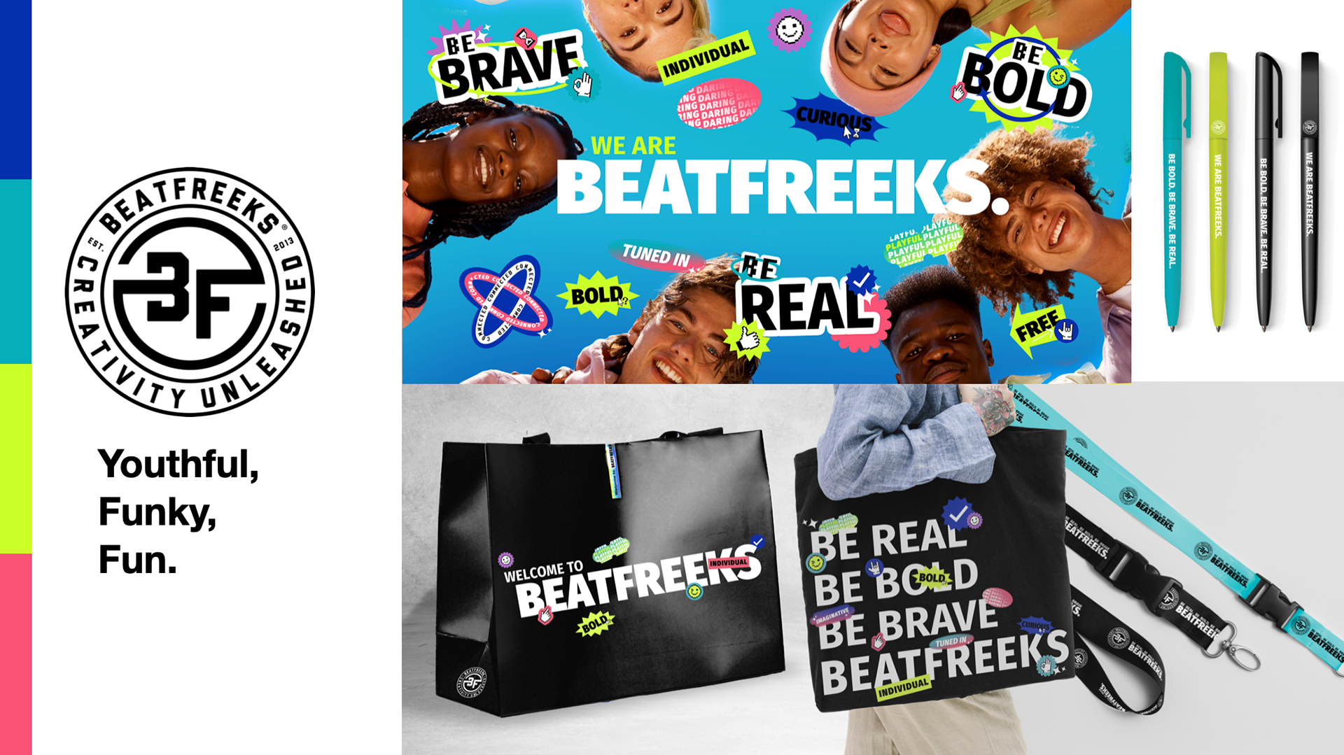 Colorful promotional advertisement for Beatfreaks featuring smiling diverse children, bold text, and event branding materials such as bags and pens.