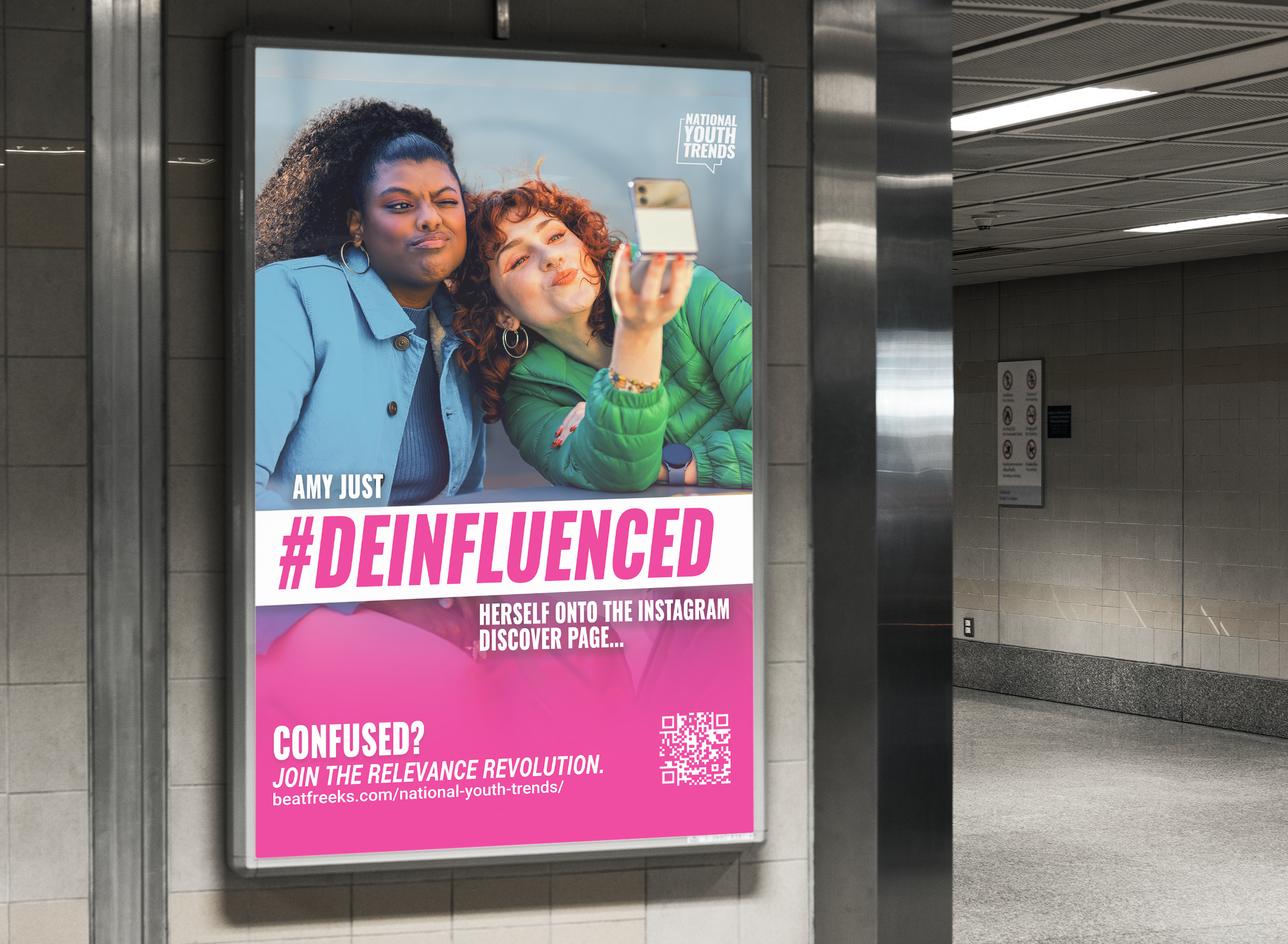 A digital advertisement featuring two young women taking a selfie. One woman has dark curly hair in a high ponytail and is making a funny face, while the other has red curly hair and is smiling. The ad promotes a campaign called National Youth Trends