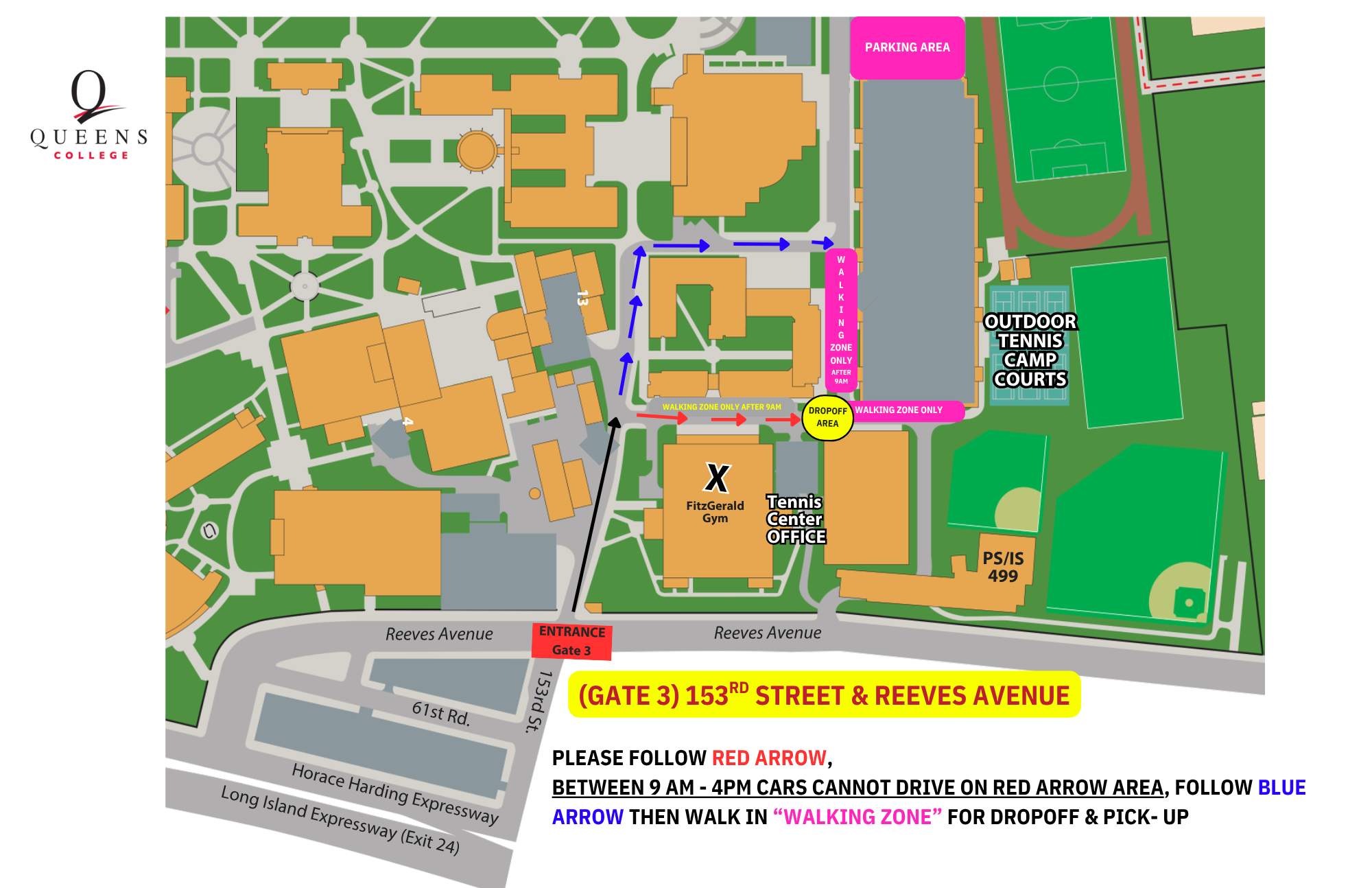 Queens College campus map showing Gate 3, Tennis Center Office and parking