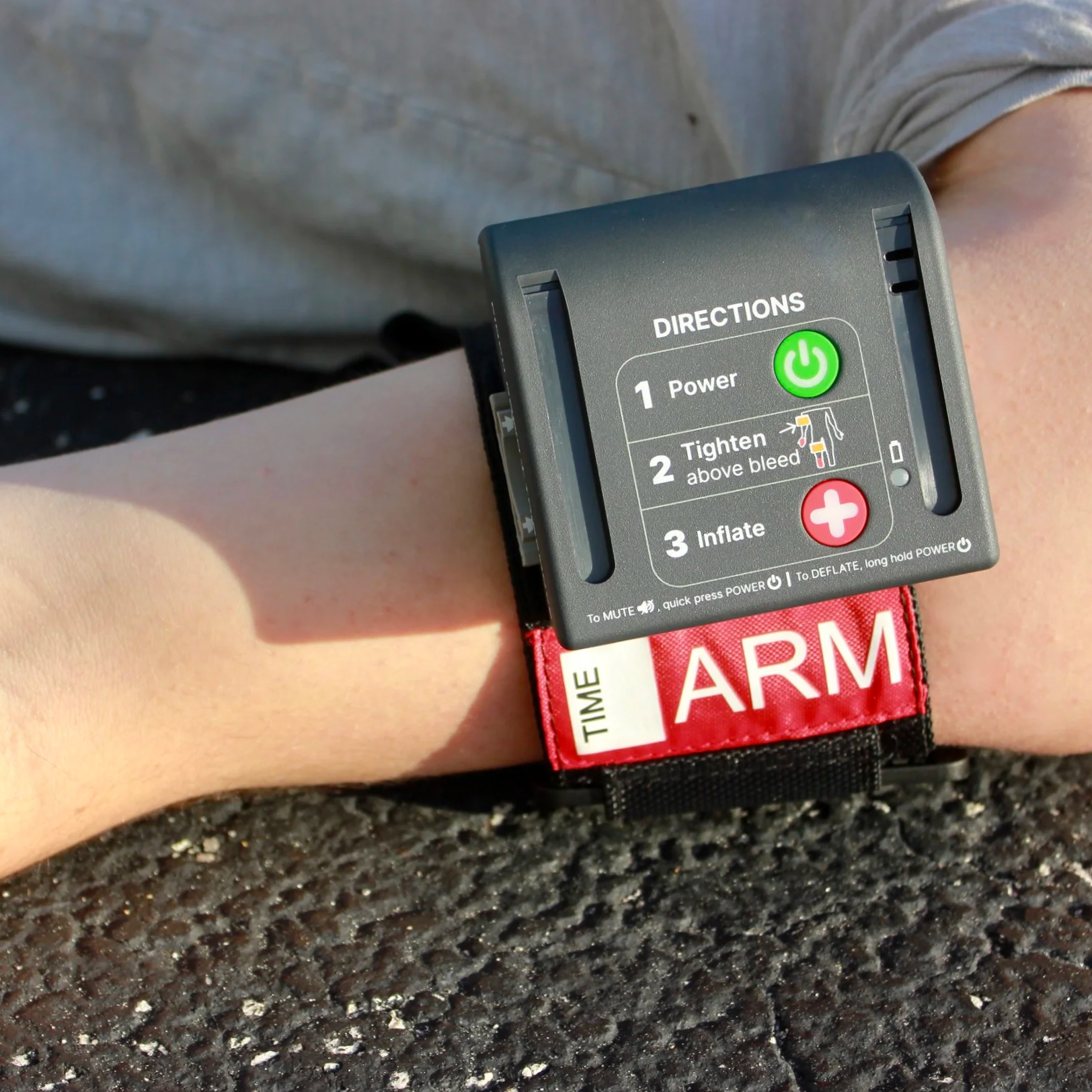 AutoTQ is an automated pneumatic tourniquet applied to the upper arm for rapid emergency bleeding control. Designed to function as an emergency tourniquet, AutoTQ actively guides users step-by-step to ensure proper tourniquet application during life-