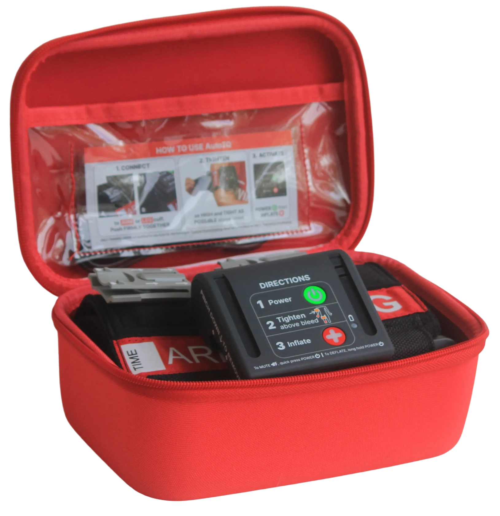 A red emergency cardiac defibrillator inside a red carrying case, with instructions and control buttons visible.