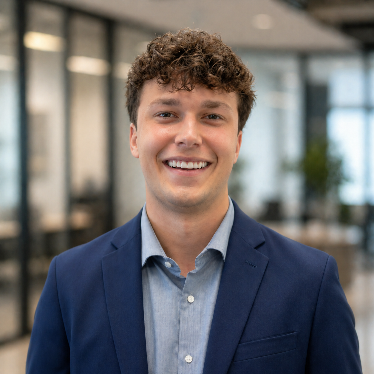 Max Herbst with curly hair and a friendly smile, wearing a blue blazer and a light blue button-up shirt, standing against a dark background.