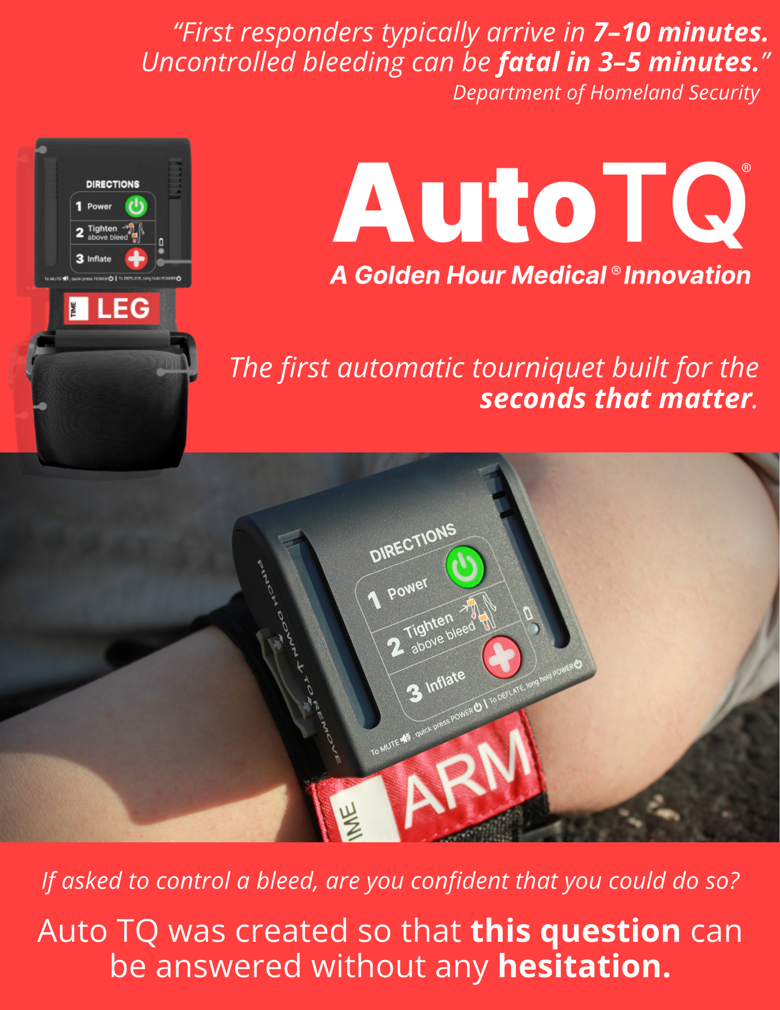 Close-up of an automatic tourniquet device wrapped around a person's arm with instructions: power, tighten above bleed, inflate.