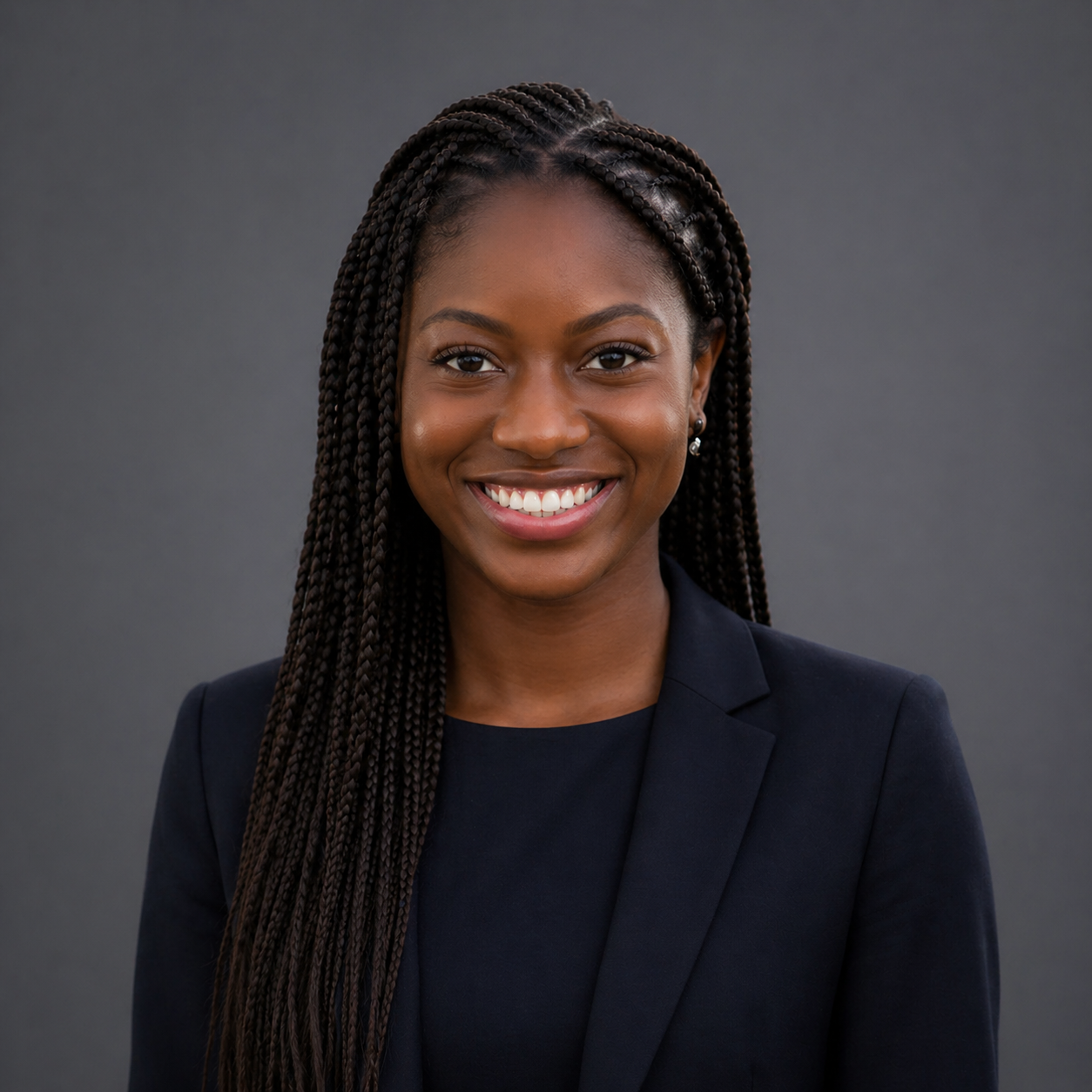 Carisse Joseph with long braided hair smiling outdoors, wearing a navy blue shirt with medical symbol and American Medical Group logo.