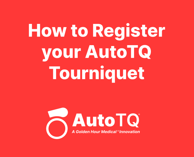 Red background with white text that reads 'How to Register your AutoTQ Tourniquet' and a white AutoTQ logo with a tagline 'A Golden Hour Medical Innovation'