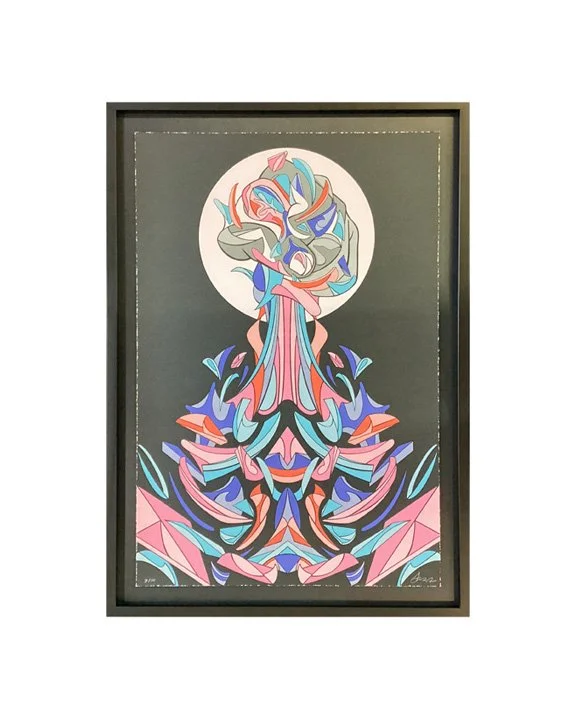Abstract geometric artwork with symmetrical shapes and pastel colors, framed in black.