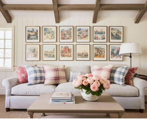 Living room with a light gray sofa, pink and plaid pillows, a coffee table with a book and a flower arrangement, wall art above, and a white floor lamp to the right.