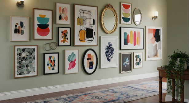 A gallery wall with colorful abstract artwork, mirrors, and decorative frames on a light green wall in a living room with a patterned rug and a wooden side table with a plant.
