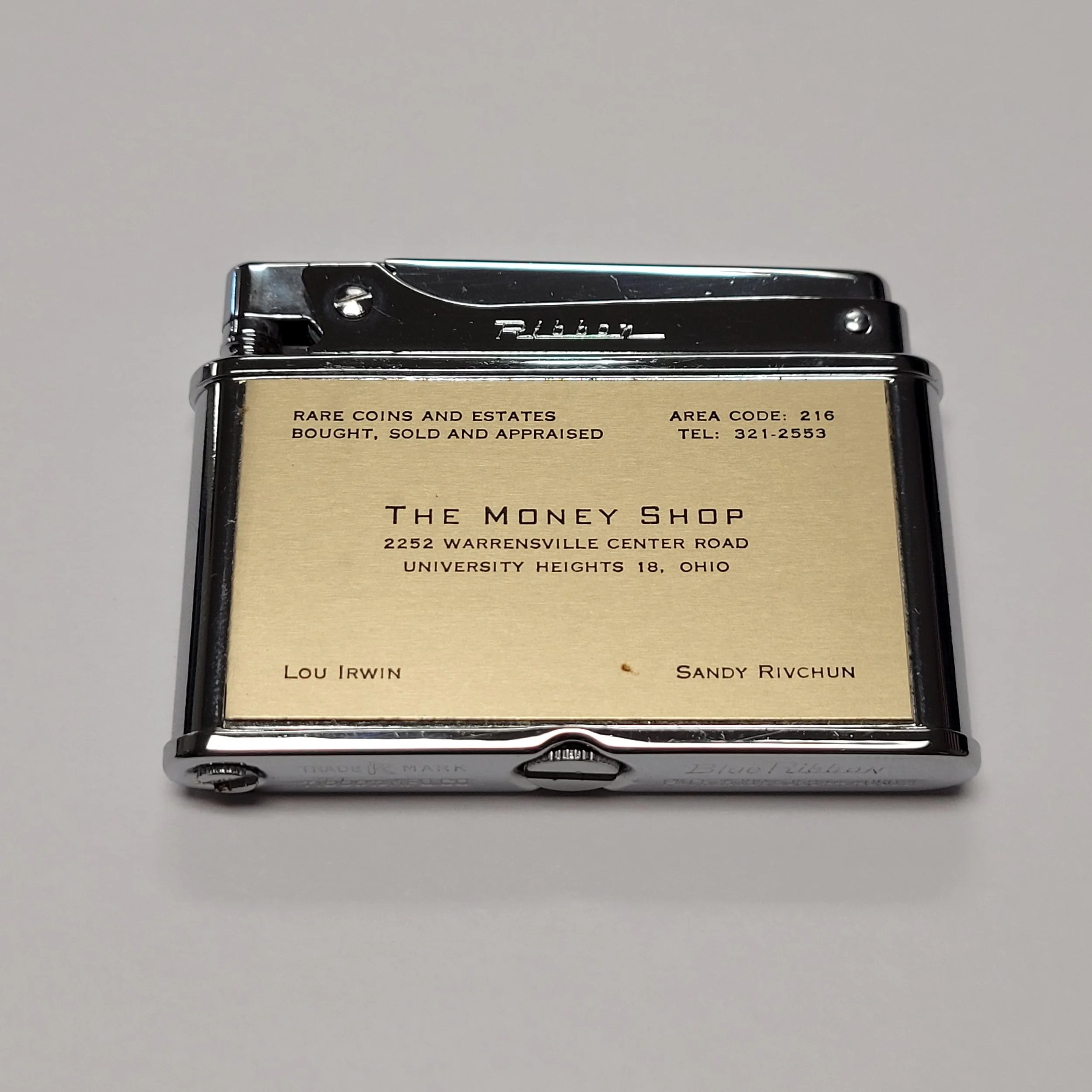 Vintage Blue Ribbon "The Money Shop" Advertiser Lighter