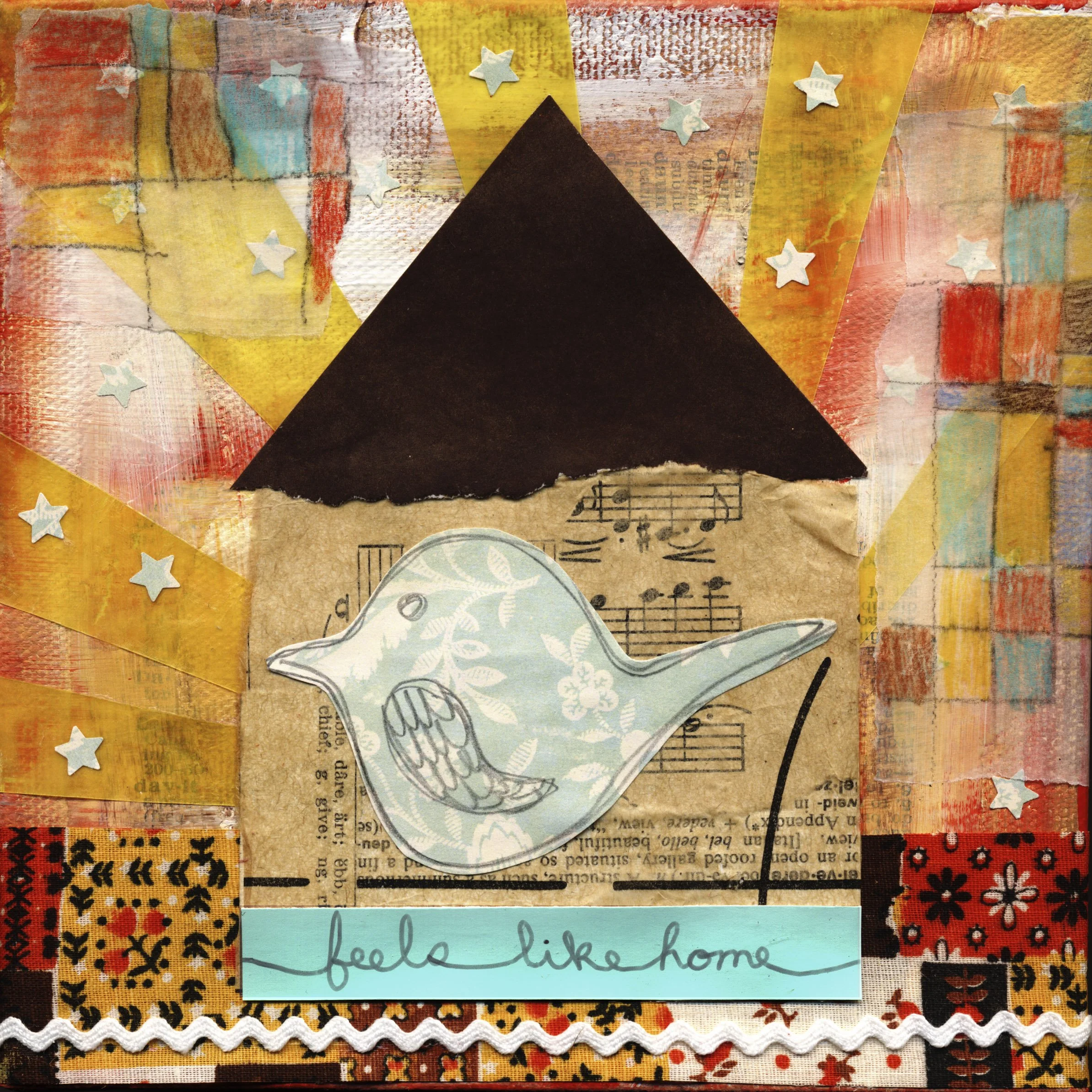 Mixed media collage with a dog silhouette, musical notes, and decorative elements, featuring a blue bird and a handwritten phrase 'feels like home' at the bottom.