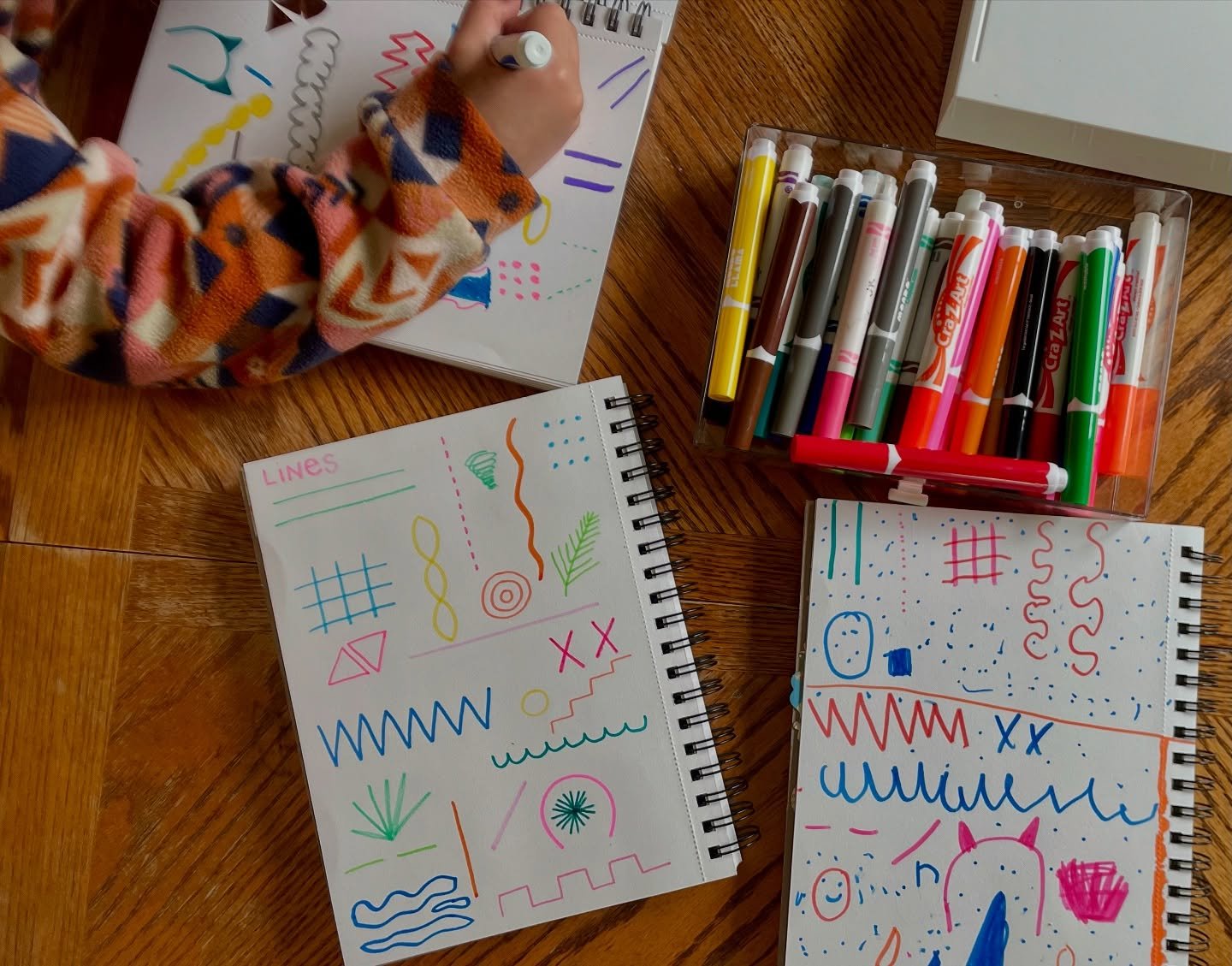 Our summer sketch book routine has been such a grounding habit for us.
Yesterday we did a &ldquo;line hunt&rdquo; in the house. 
The day before, the girls suggested we take our sketchbooks to the park. The girls drew for a while, and eventually the p