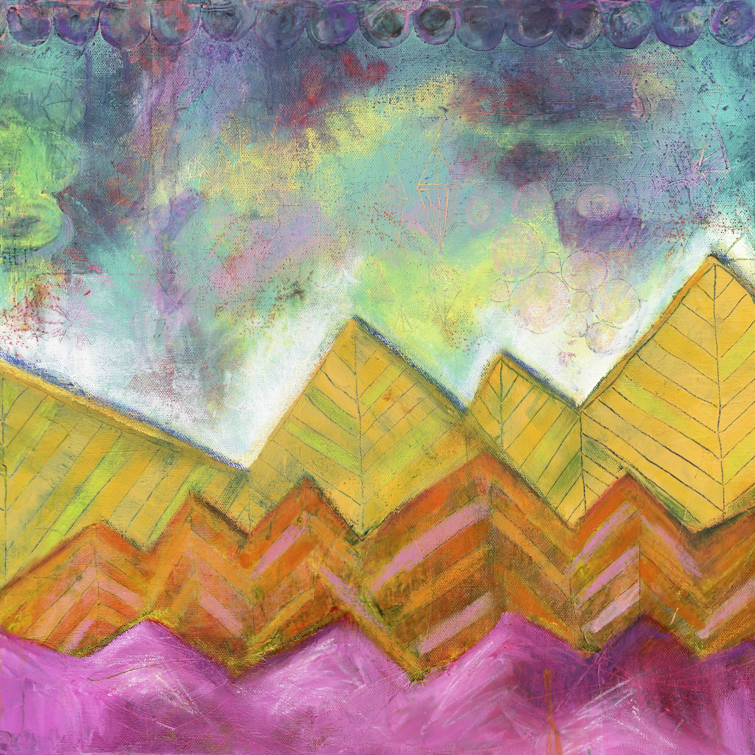 Colorful acrlyic painting landscape of the mountains featuring yellow, orange and pink hills.
