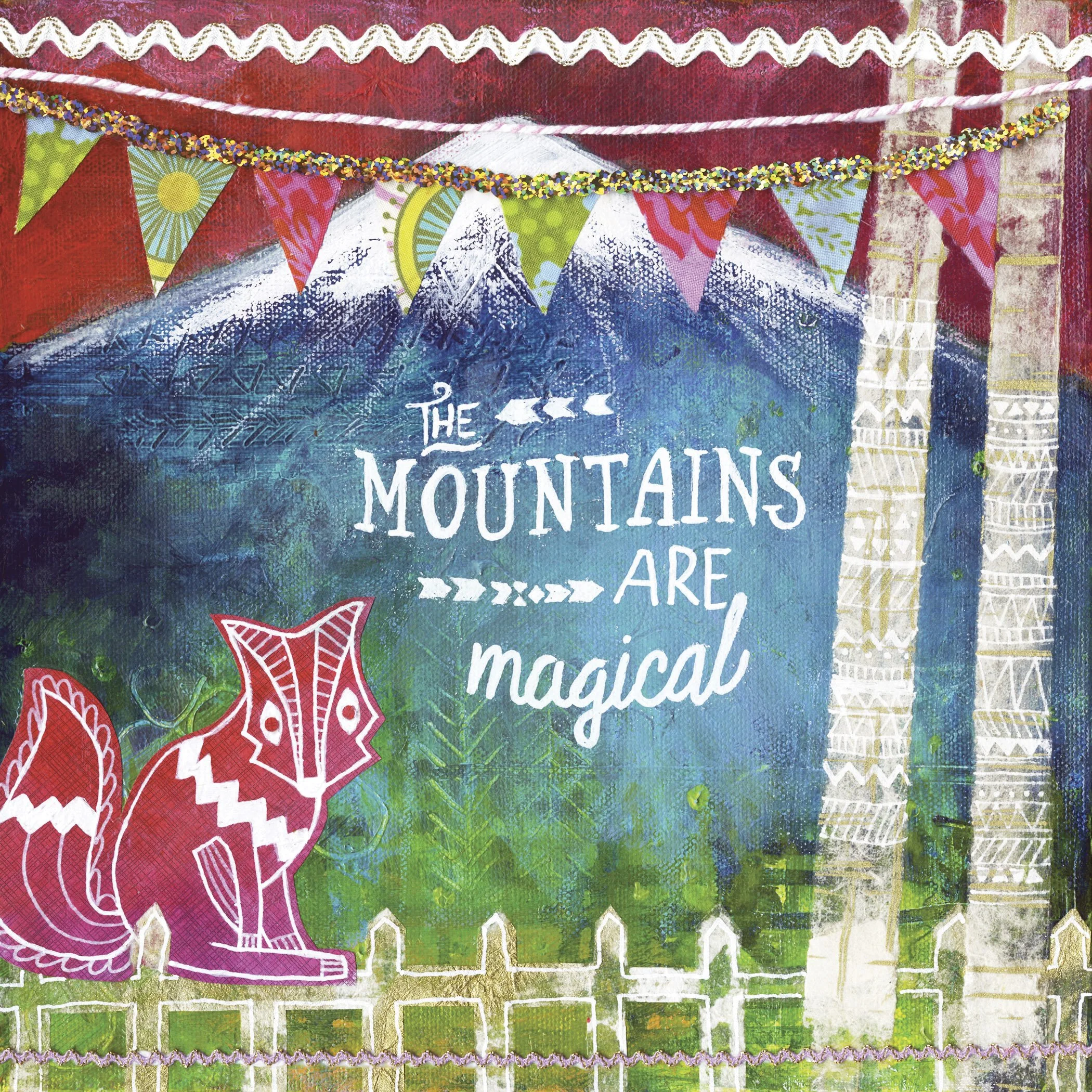 Art collage with blue mountain, red sky and red fox and bunting flags across the top