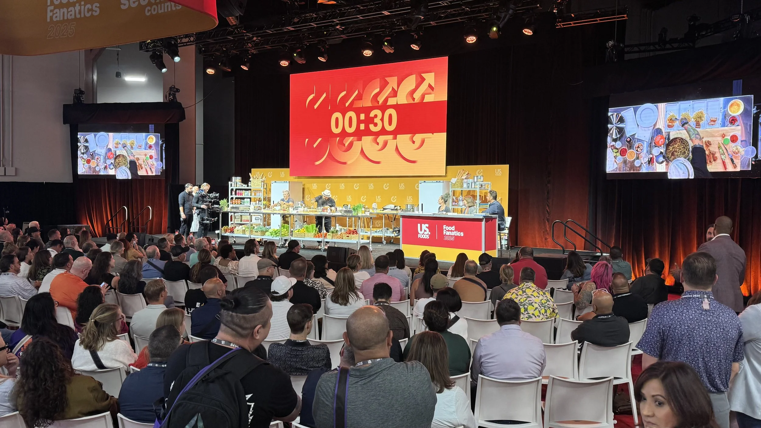 Live streaming cooking show with broadcast quality switching and camera equipment.