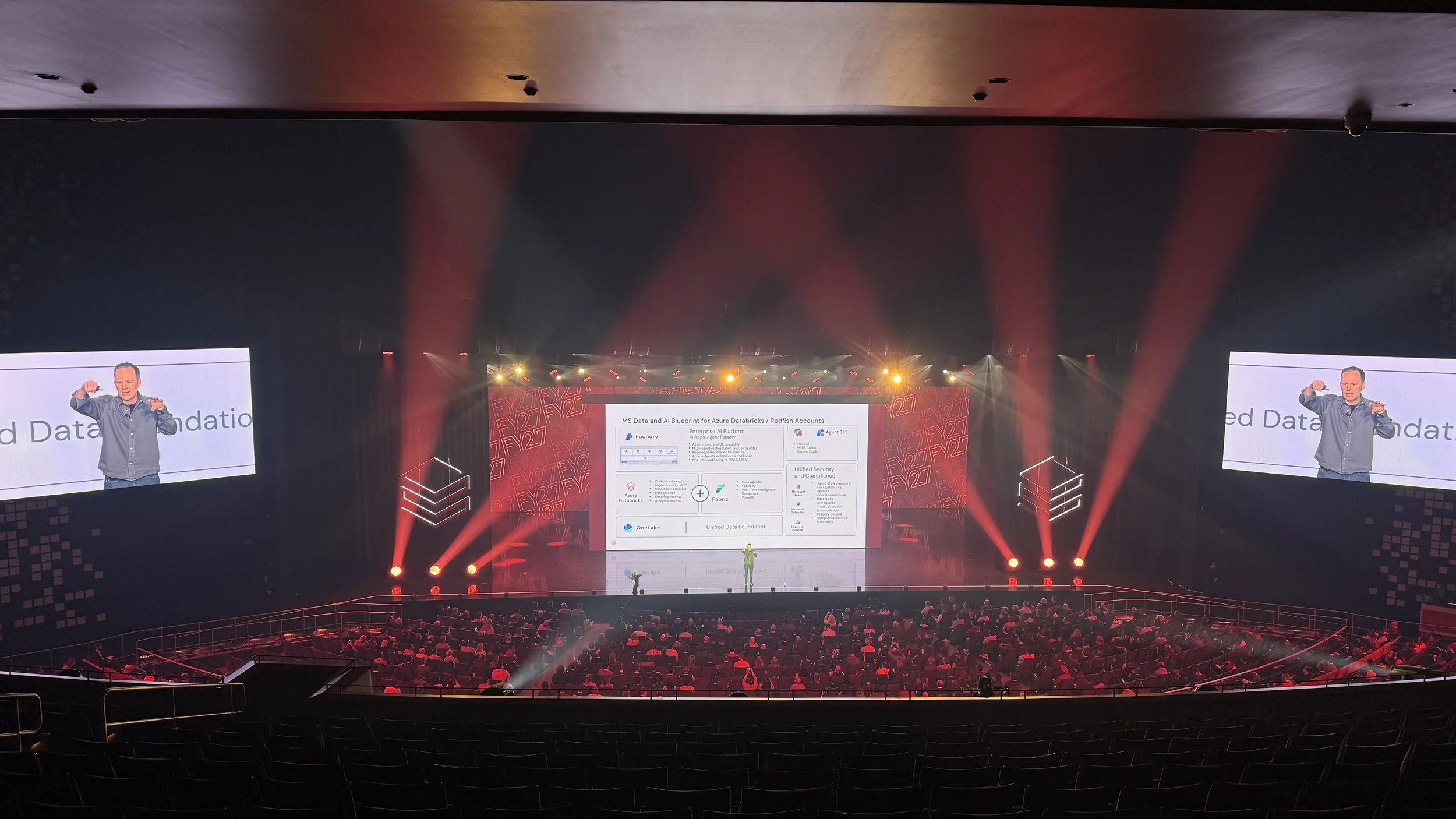 Theater style program with large format LED wall flanked by two smaller LED walls for IMAG.