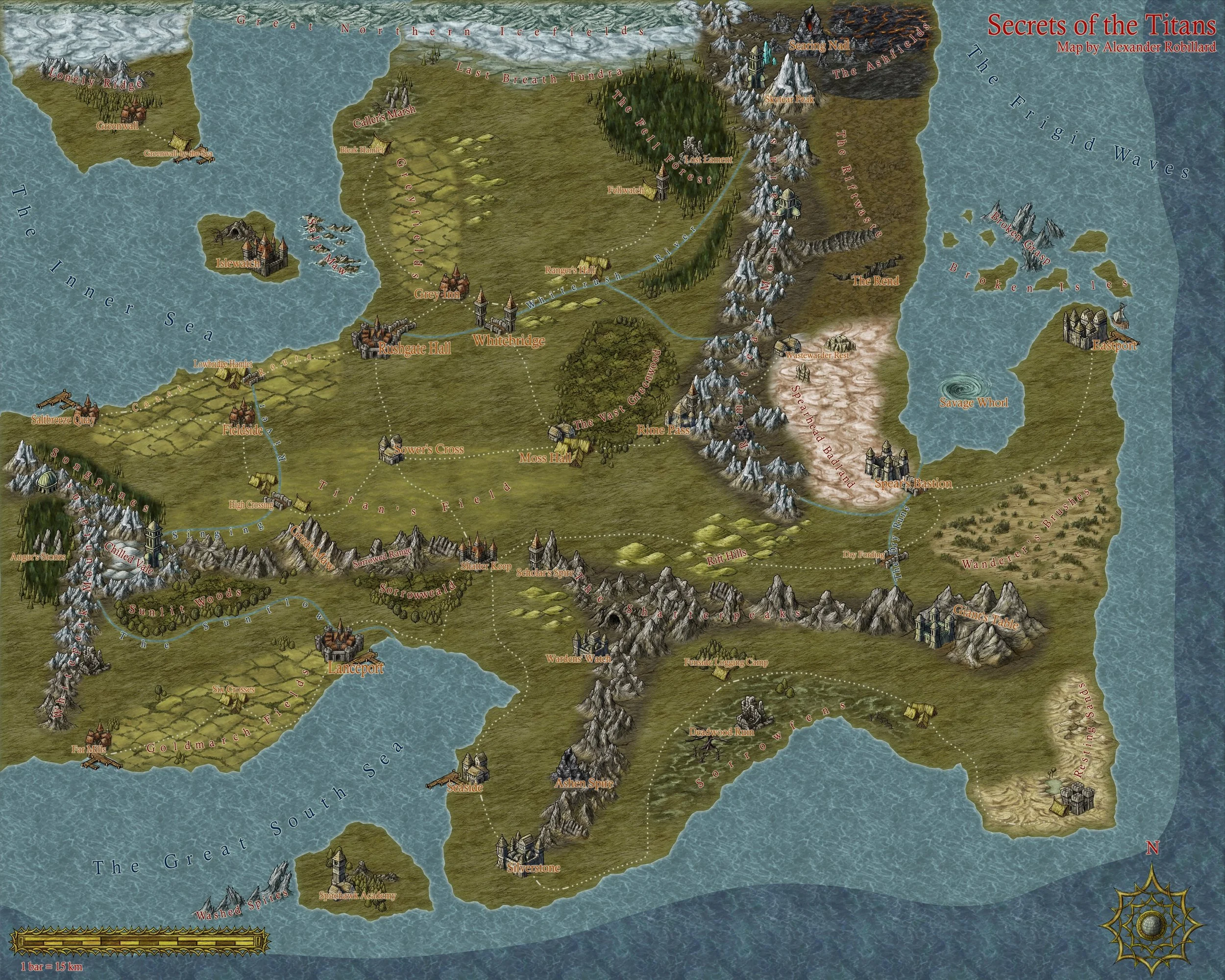 Secrets of the Titans: An ancient race of Titans once grew mighty on mastery of the arcane, but their reach exceeded their grasp. They vanished, leaving mortals to rediscover life and lore in the secret ruins of their colossal empires.

Map created u