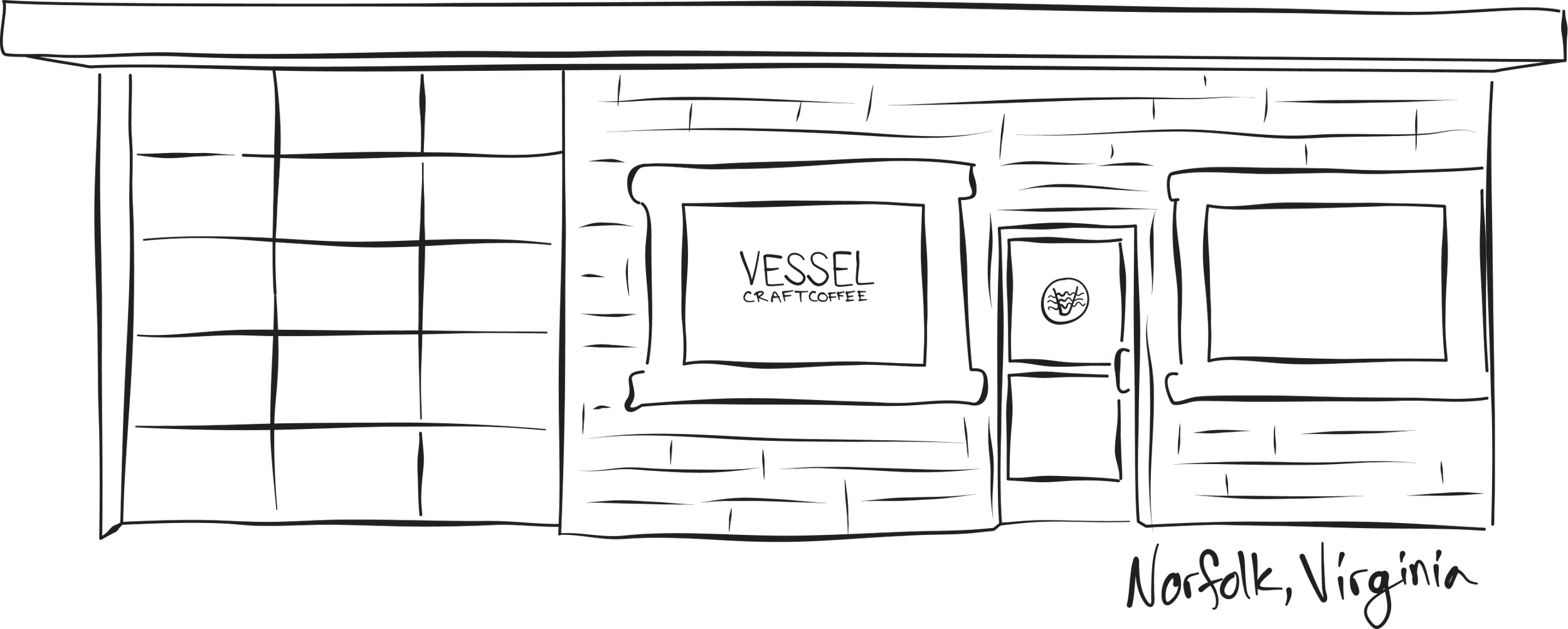 Sketch of the exterior of a building with windows, a door, and signage for Vessel Craft Coffee, located in Norfolk, Virginia.
