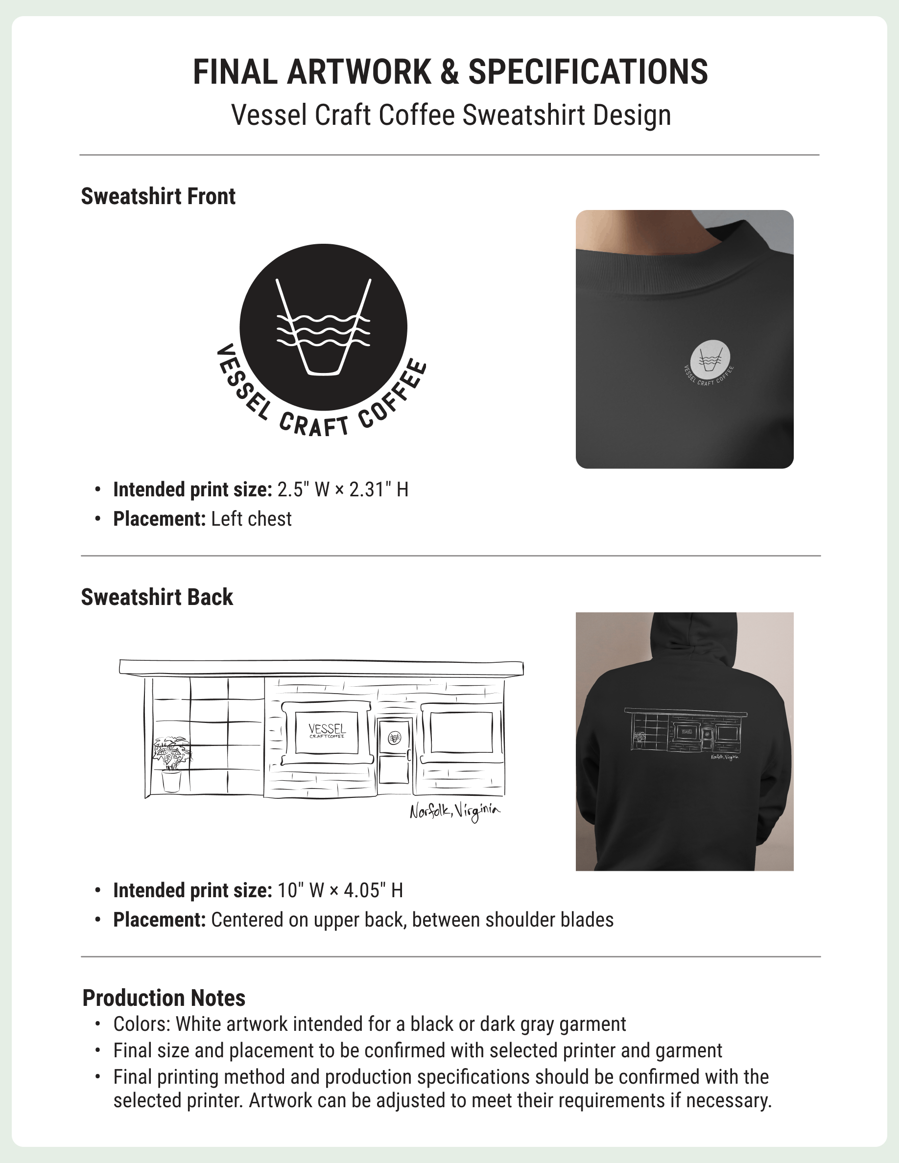 Design document for vessel craft coffee sweatshirt featuring artwork of a storefront with a potted plant, labeled "Norfork, Virginia".