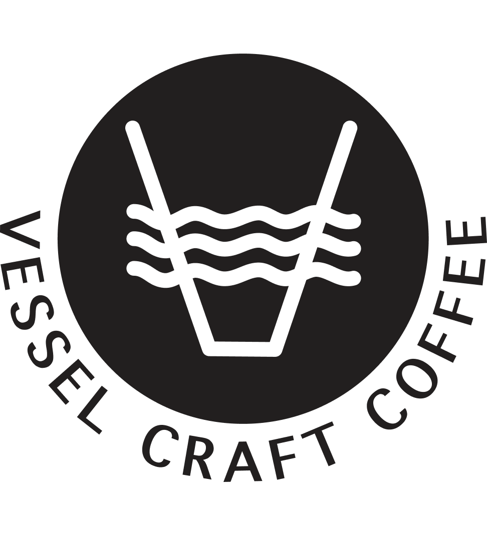 A logo for Vessel Craft Coffee featuring a stylized illustration of a glass with waves inside and two straws, surrounded by the text 'Vessel Craft Coffee'.