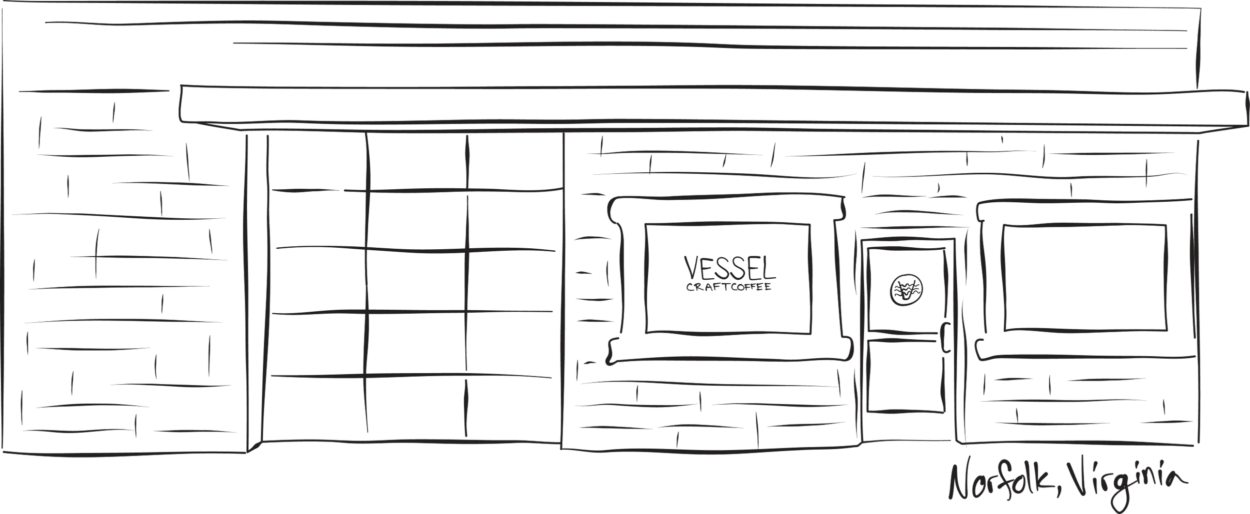 Line drawing of the exterior of a building with two windows and a door, signs for Vesel Craft Coffee, and the location Norfolk, Virginia.