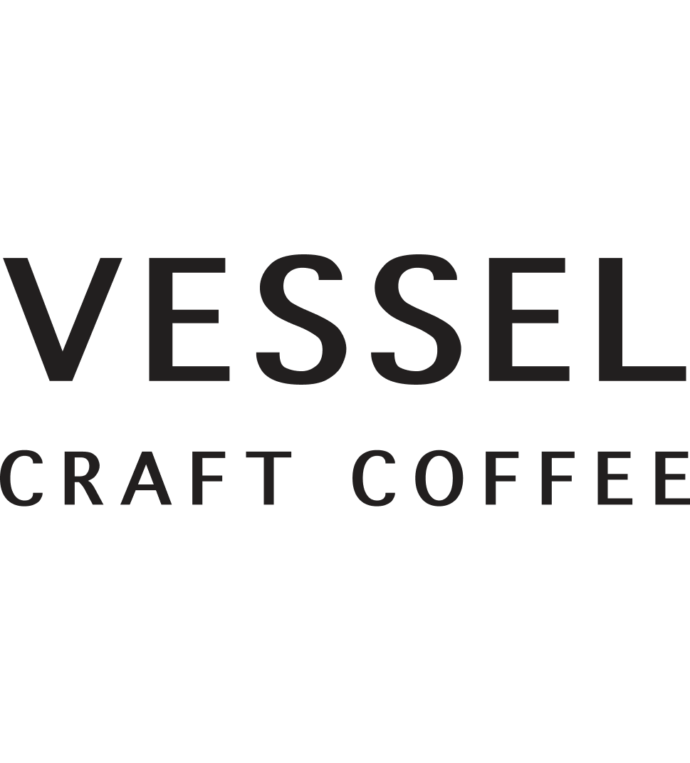 Logo for Vessel Craft Coffee featuring a stylized depiction of a coffee vessel and the text 'Vessel Craft Coffee' in black.