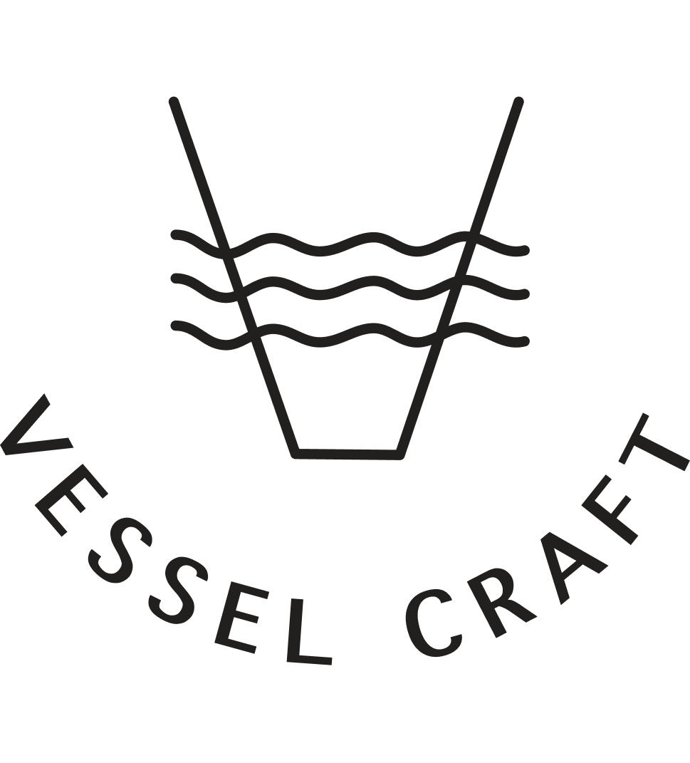 Logo featuring a pint glass with wavy lines representing liquid inside and two crossed stirring sticks, with the text 'Vessel' on the left and 'Vessel Craft' on the right.