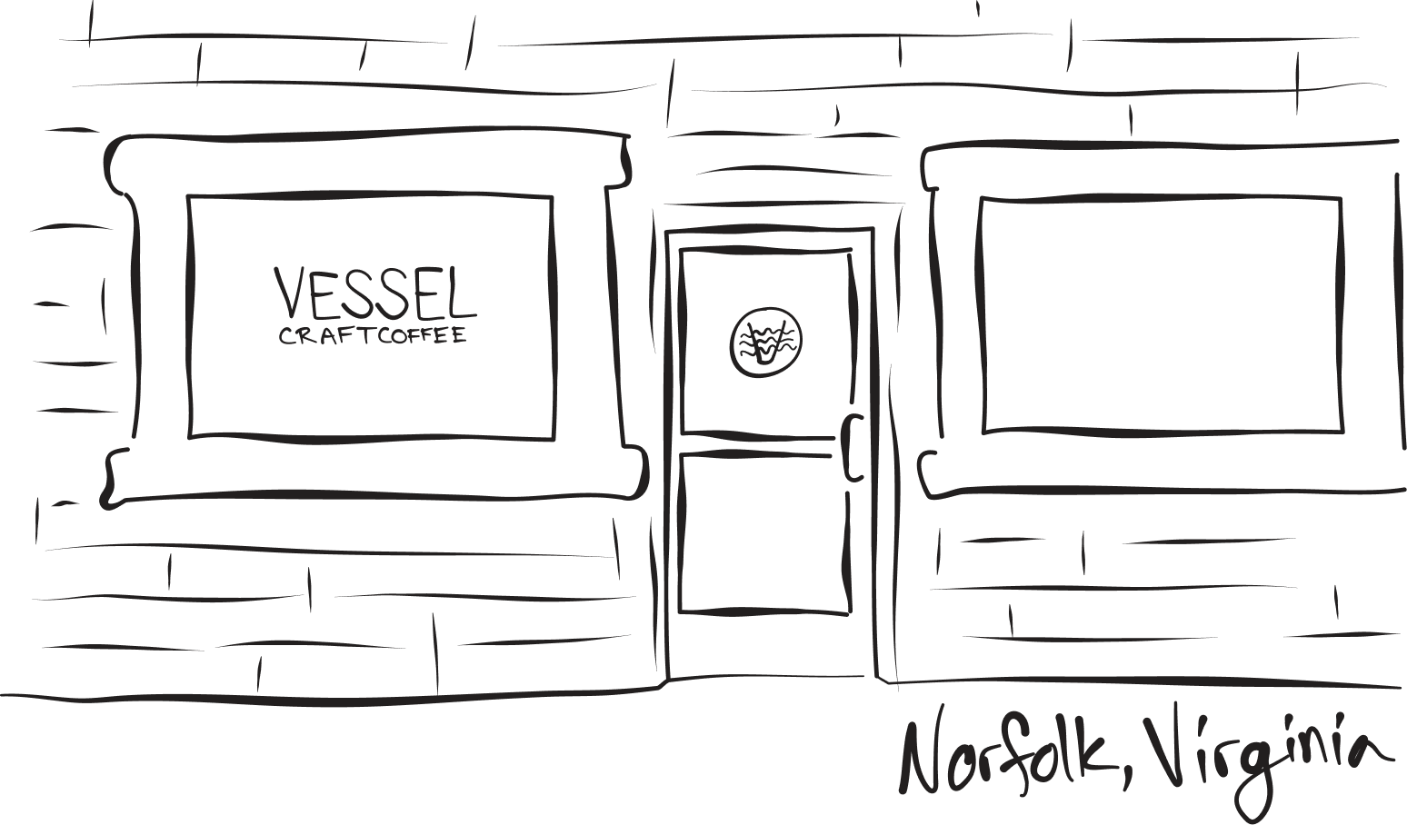 A sketch of the exterior of a coffee shop called Vessel Craft Coffee in Norfolk, Virginia, with a door in the center and two large windows on either side.