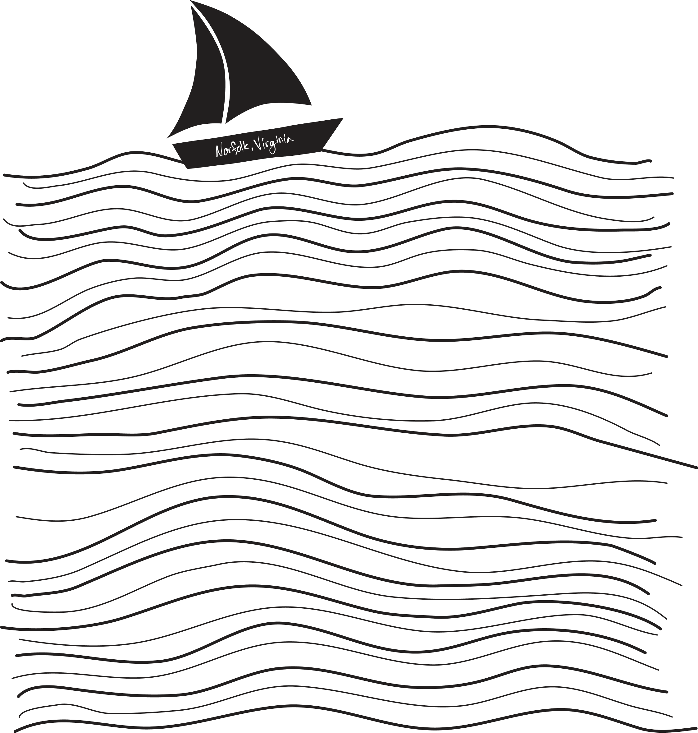 A black and white drawing of a sailboat on water, with 'Norfolk, Virginia' written on the boat.