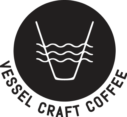 Vessel Craft Coffee logo with a stylized coffee cup and wavy lines, and the brand name around the circle.