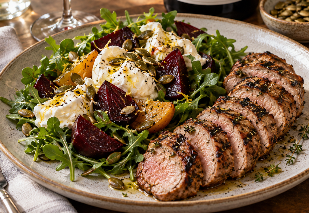 Grilled Herb &amp; Dijon Pork with Roasted Beet, Burrata &amp; Arugula Salad