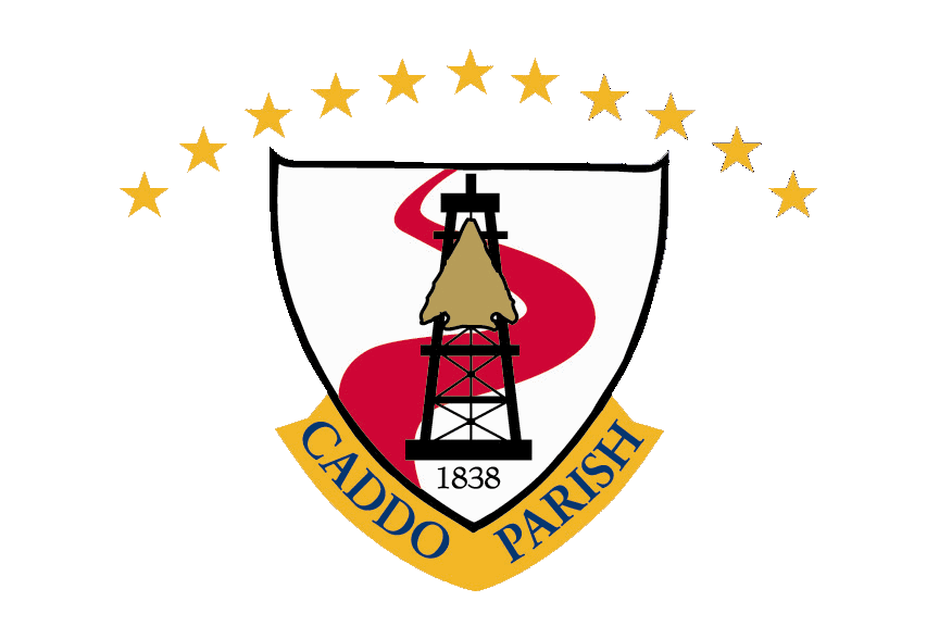 Official seal of Caddo Parish, featuring a shield with a red winding road, a historical oil derrick, the year 1838, and a golden banner with the words "Caddo Parish," surrounded by stars.