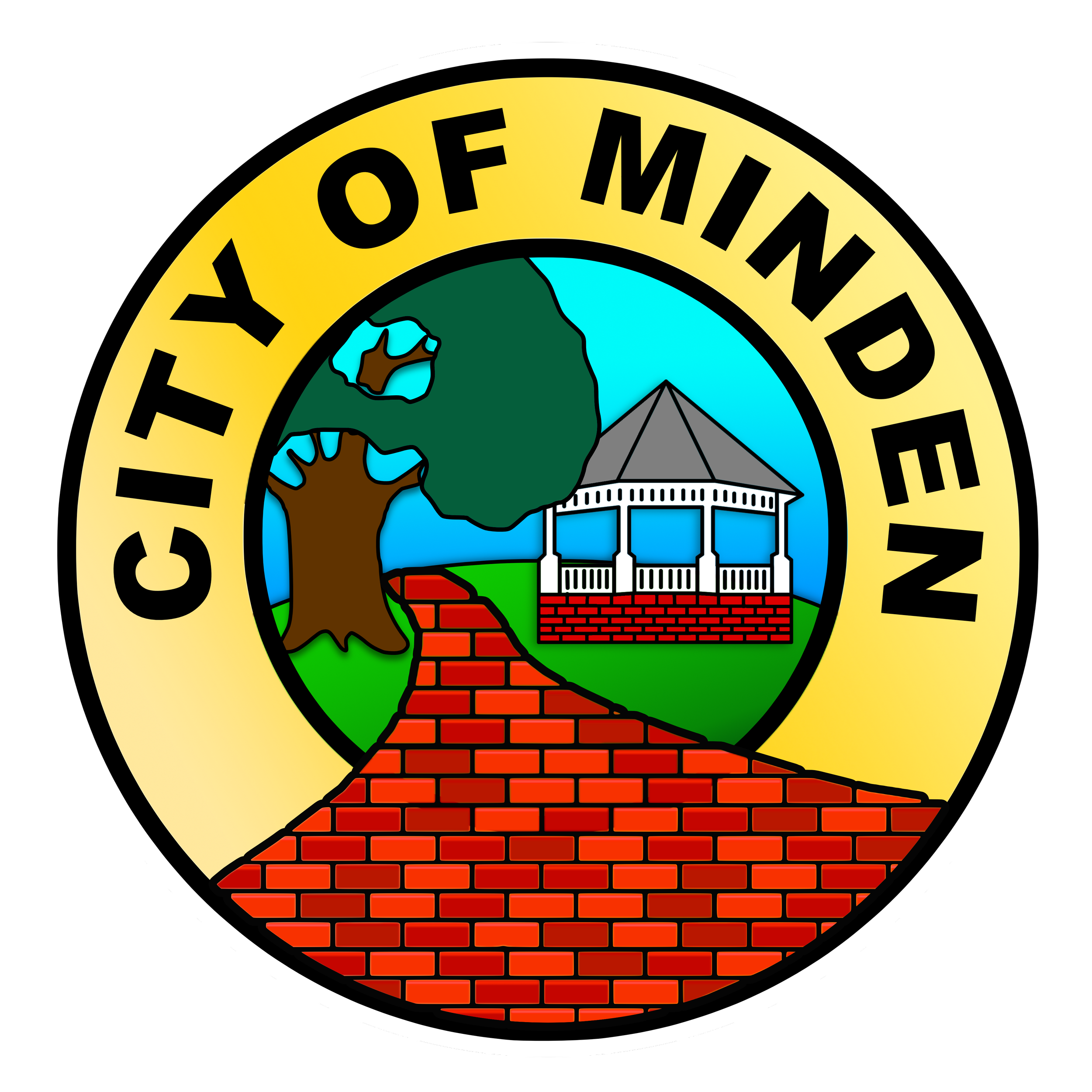 A circular emblem with a black border, featuring a yellow outer ring with black text, and an inner design of a landscape with a mountain, a building, a tree, and a pathway made of red bricks.