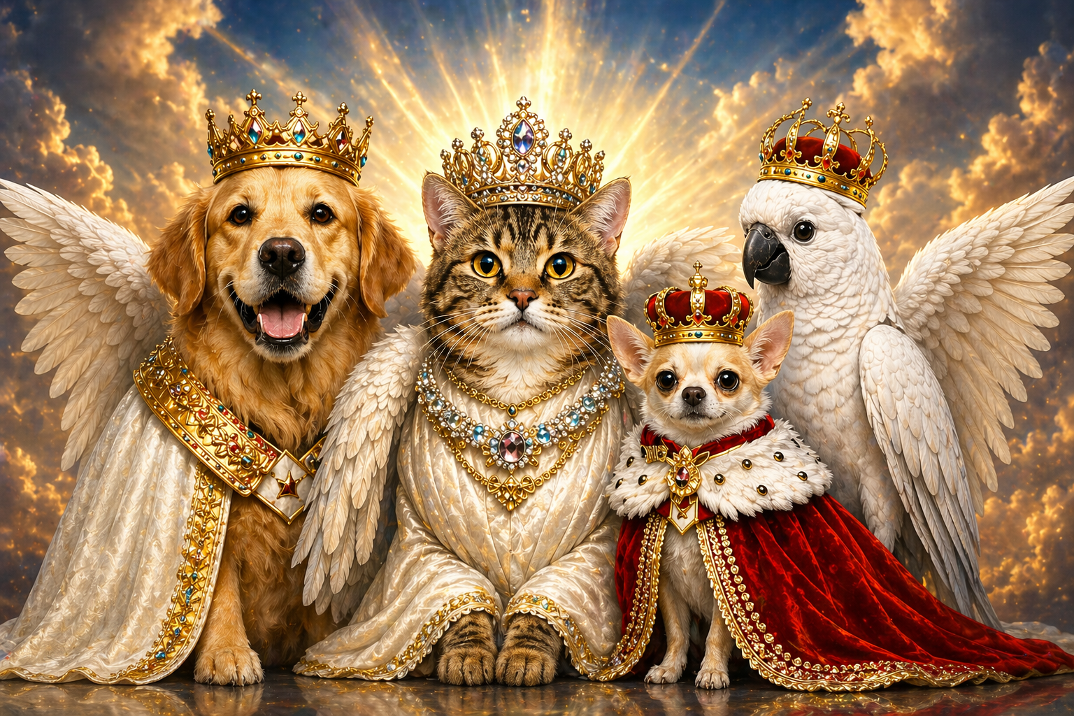 A dog, a cat, a Chihuahua, and a parrot all dressed as royalty with crowns, capes, and jewelry, posing against a dramatic sky with golden clouds and rays of light.