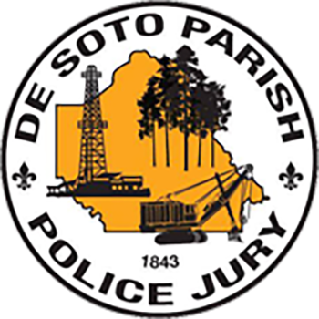 Emblems of the De Soto Parish Police Jury, featuring a map outline, trees, a boat, an oil rig, and a train, with the words 'De Soto Parish Police Jury' and the year '1843'.