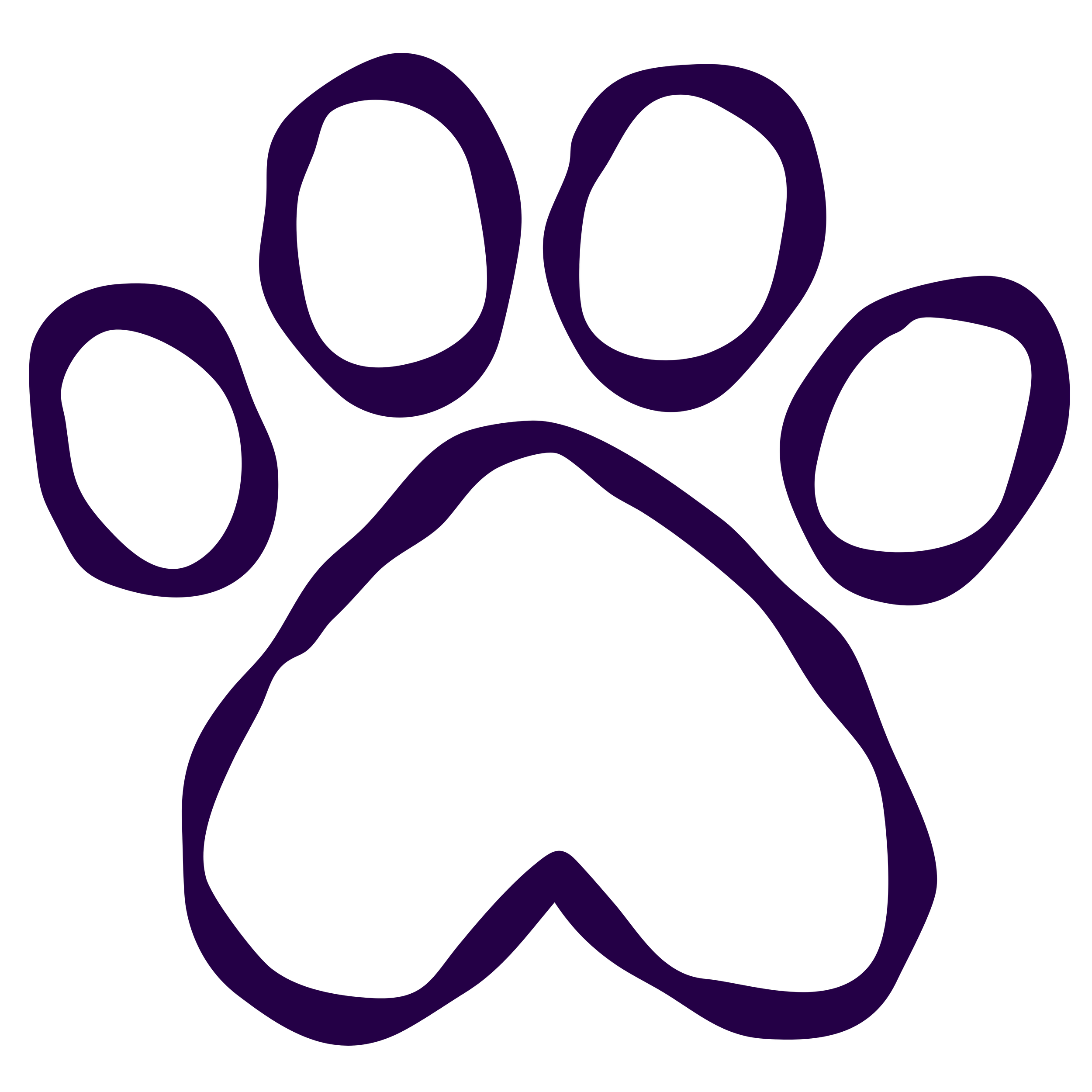 A neon purple outline of a dog paw print on a black background.