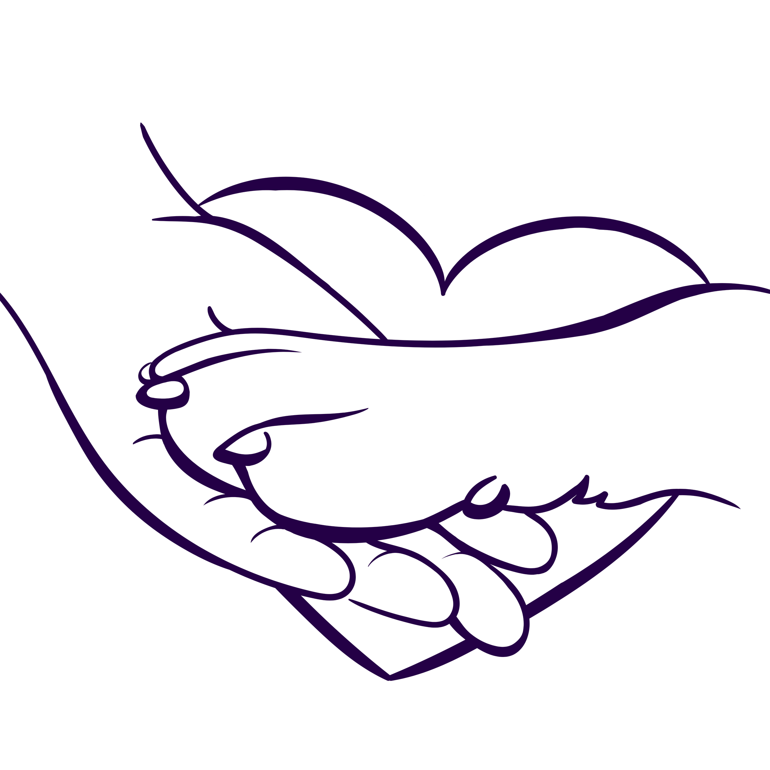 Outline illustration of a hand holding a pen, writing in a notebook, in dark purple lines on a black background.