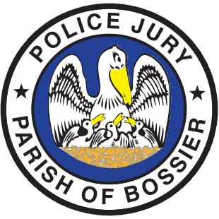 Seal of the Police Jury, Parish of Bossier featuring a pelican feeding its chicks, surrounded by a black and white circular border with the words 'POLICE JURY PARISH OF BOSSIER'.