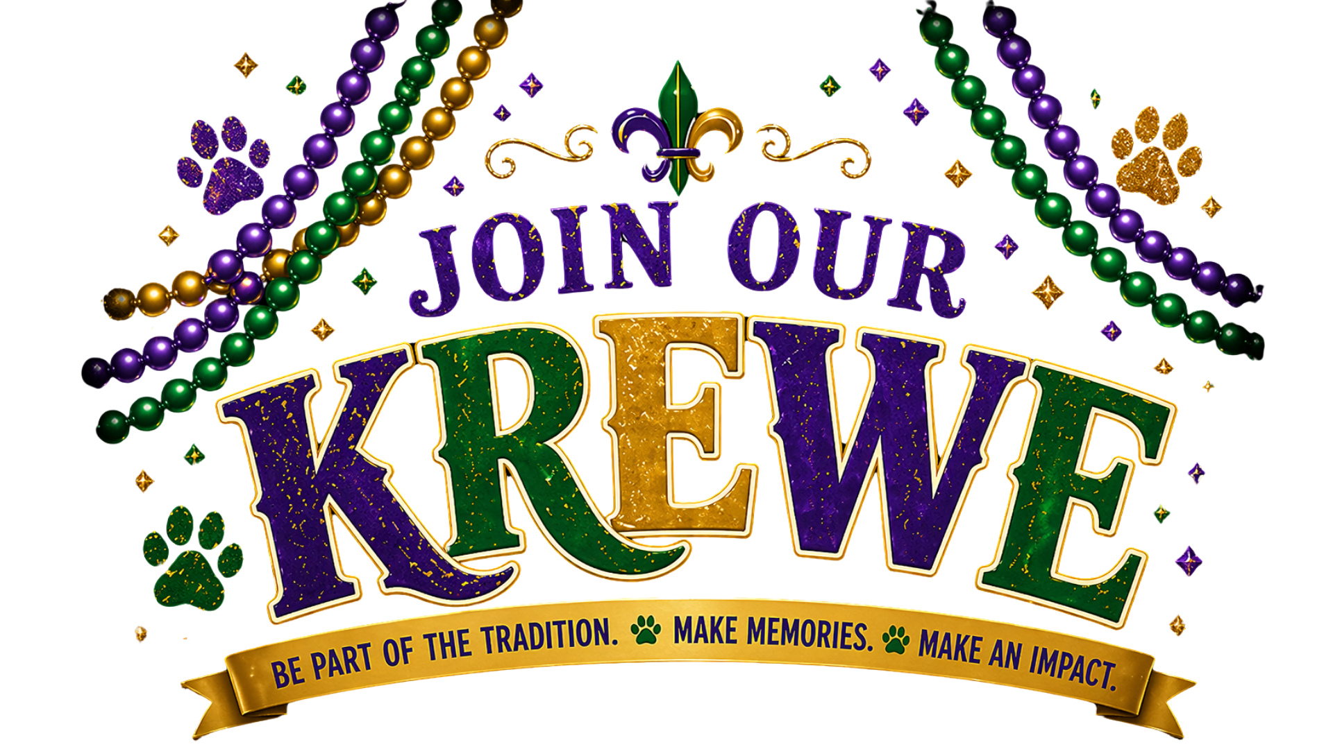Colorful Mardi Gras sign reading "Join Our Krewe" with beads, fleur-de-lis, and decorative elements.